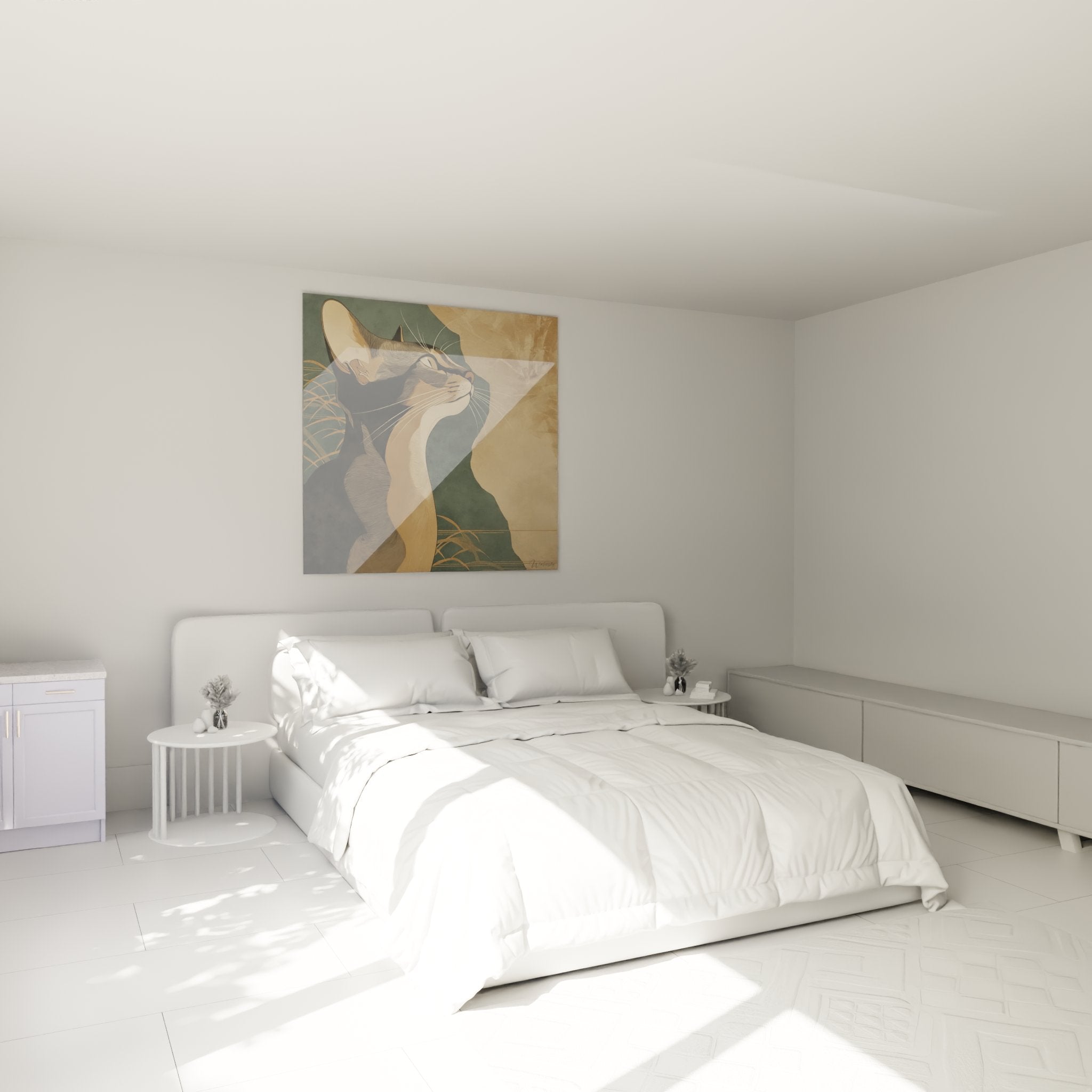 Quadro gatto abissino in camera moderna, atmosfera zen con decorazione murale elegante