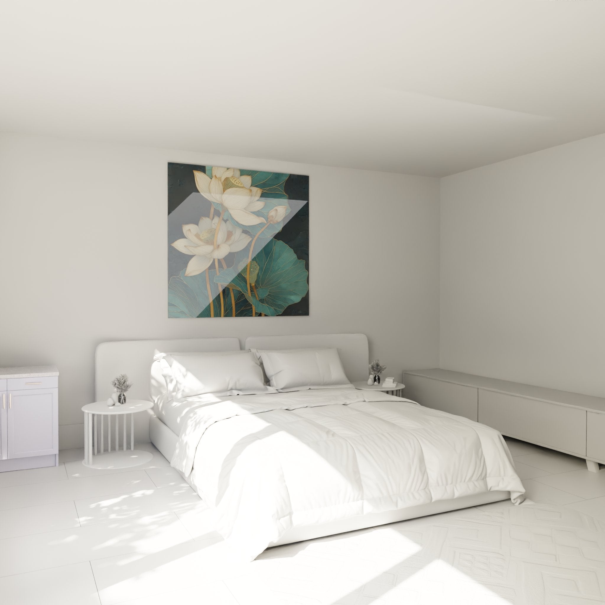 Tableau lotus art deco dans chambre moderne decoration murale florale bleu canard et or ambiance zen