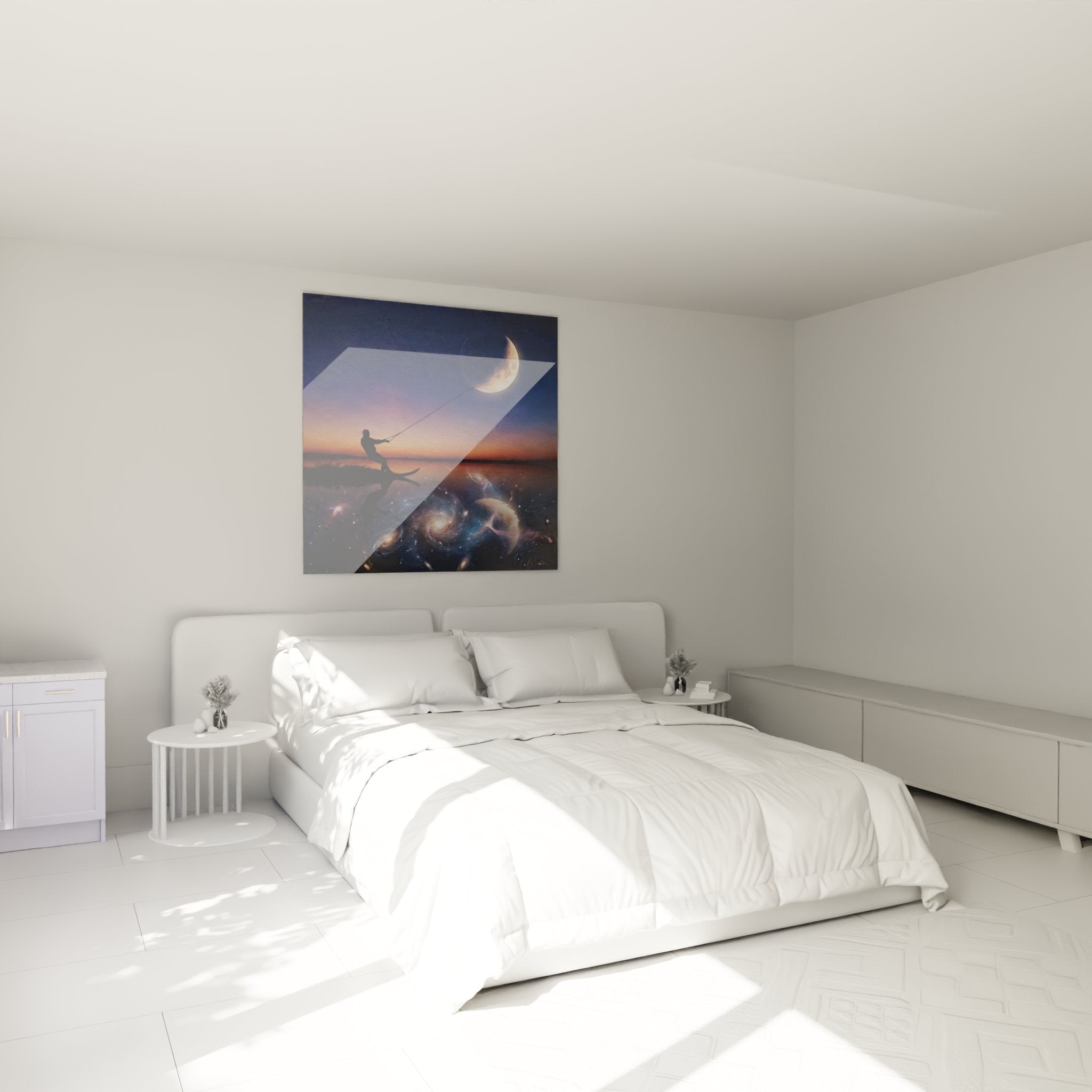 Décoration murale ski nautique cosmique dans chambre moderne avec reflets d'étoiles et galaxies