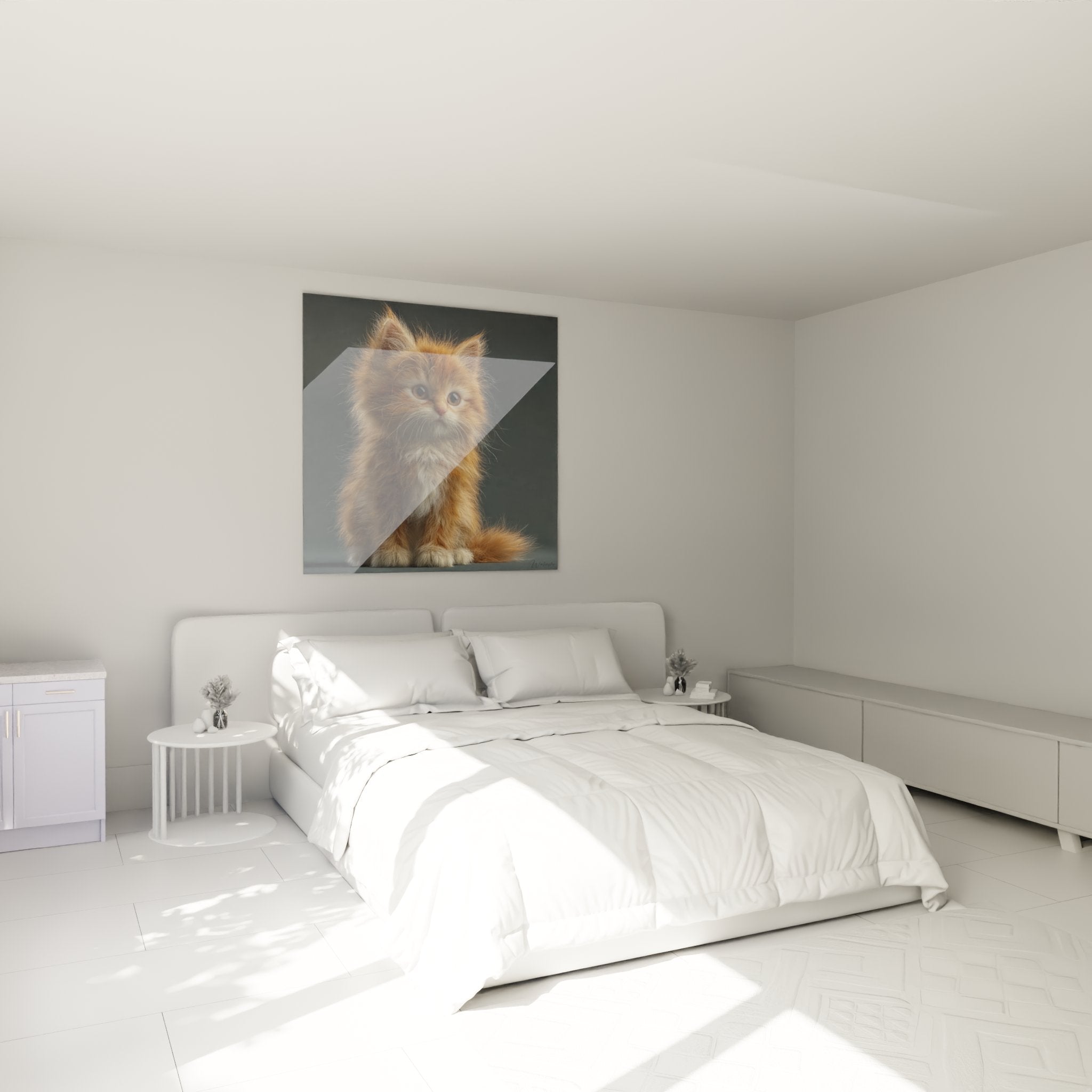 Schlafzimmerdeko mit American-Bobtail-Kätzchen-Kunstwerk in Rostrot, das eine warme und beruhigende Atmosphäre schafft