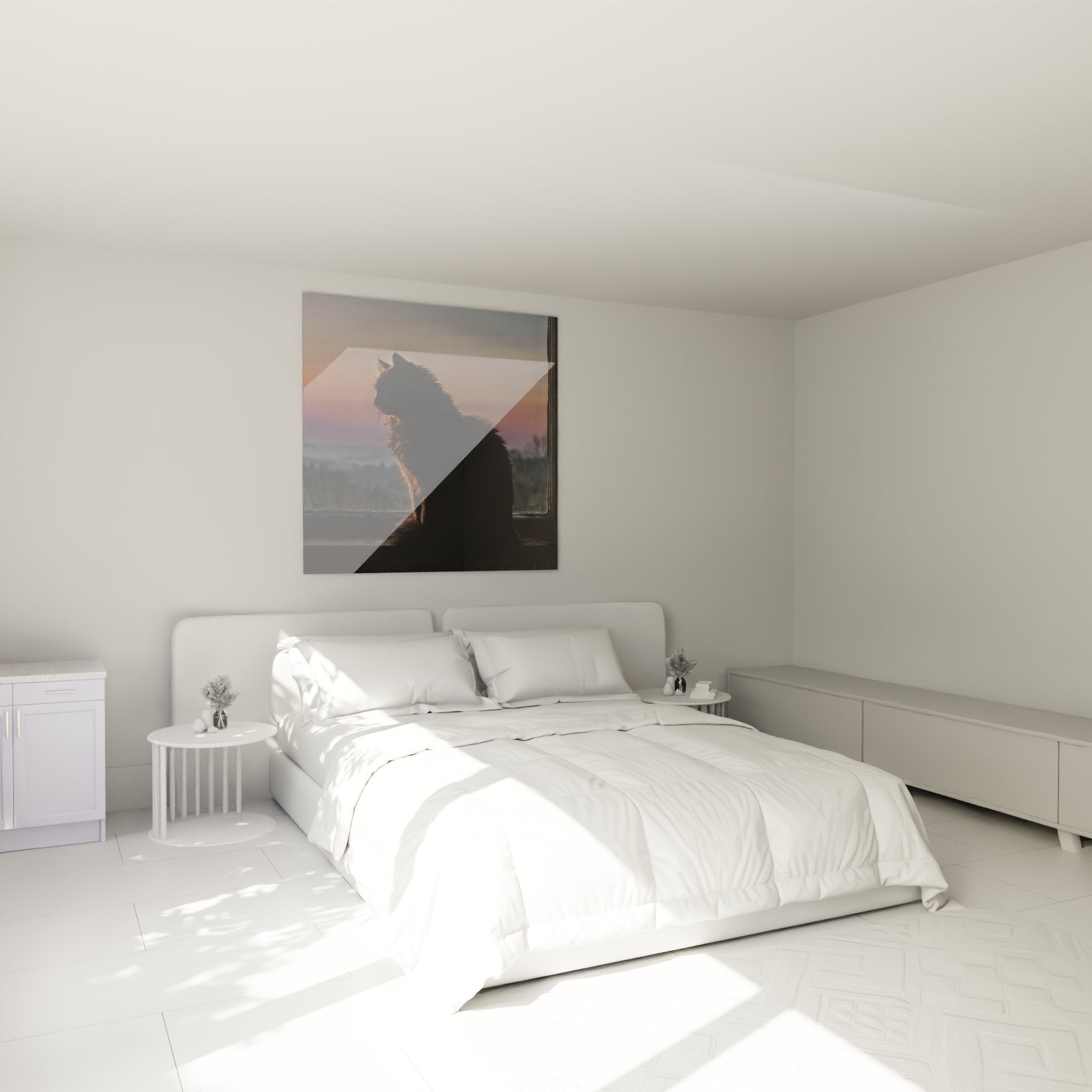 Décoration chambre avec tableau chat Nebelung fenêtre, ambiance apaisante, art félin mural moderne
