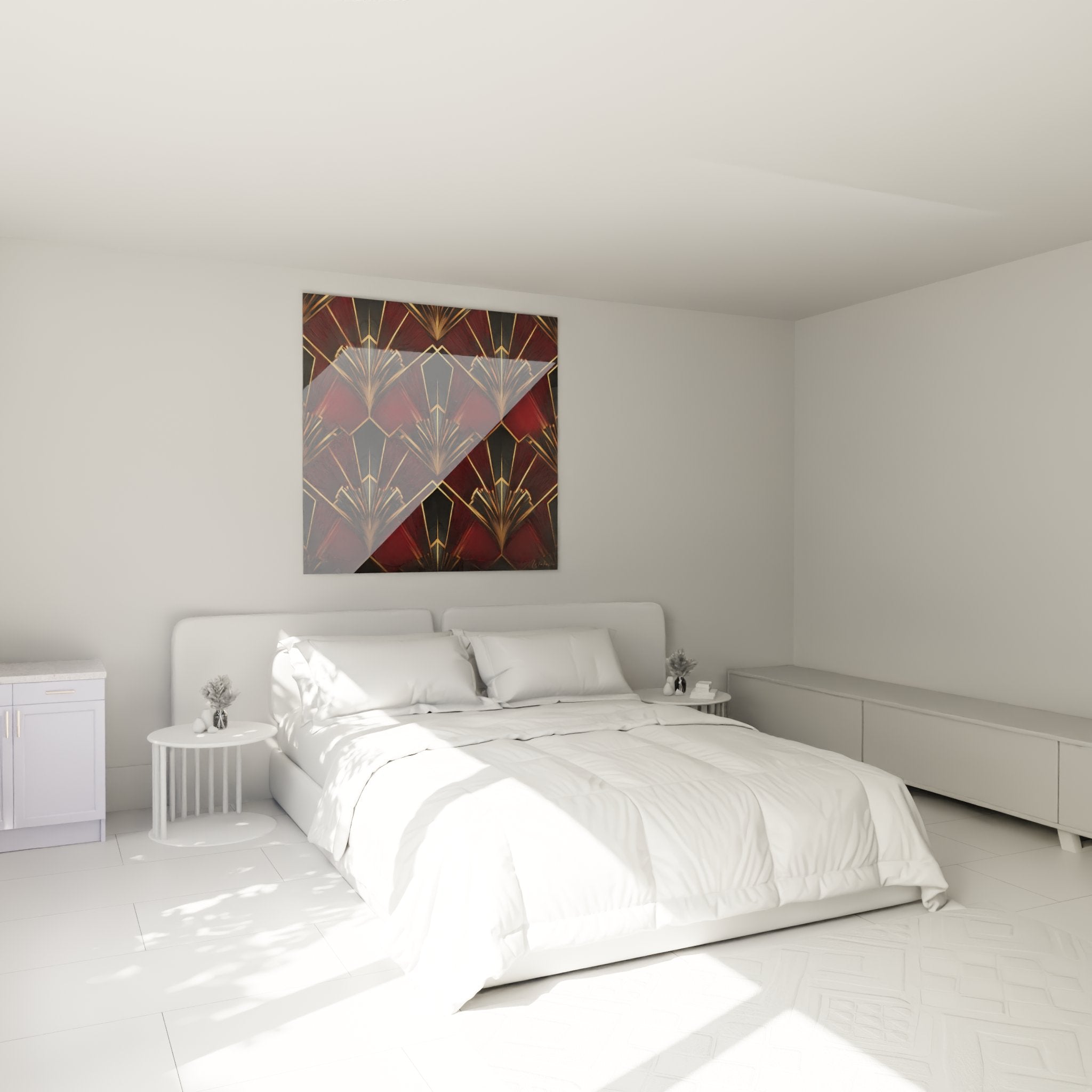 Tableau éventails art déco bordeaux doré dans chambre moderne, décoration murale élégante