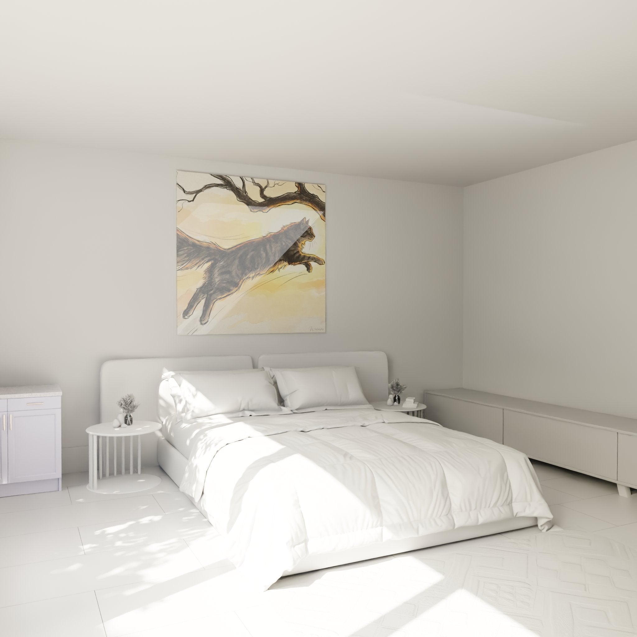 Gemälde springende norwegische Waldkatze dekoriert in einem modernen Schlafzimmer mit warmen Tönen