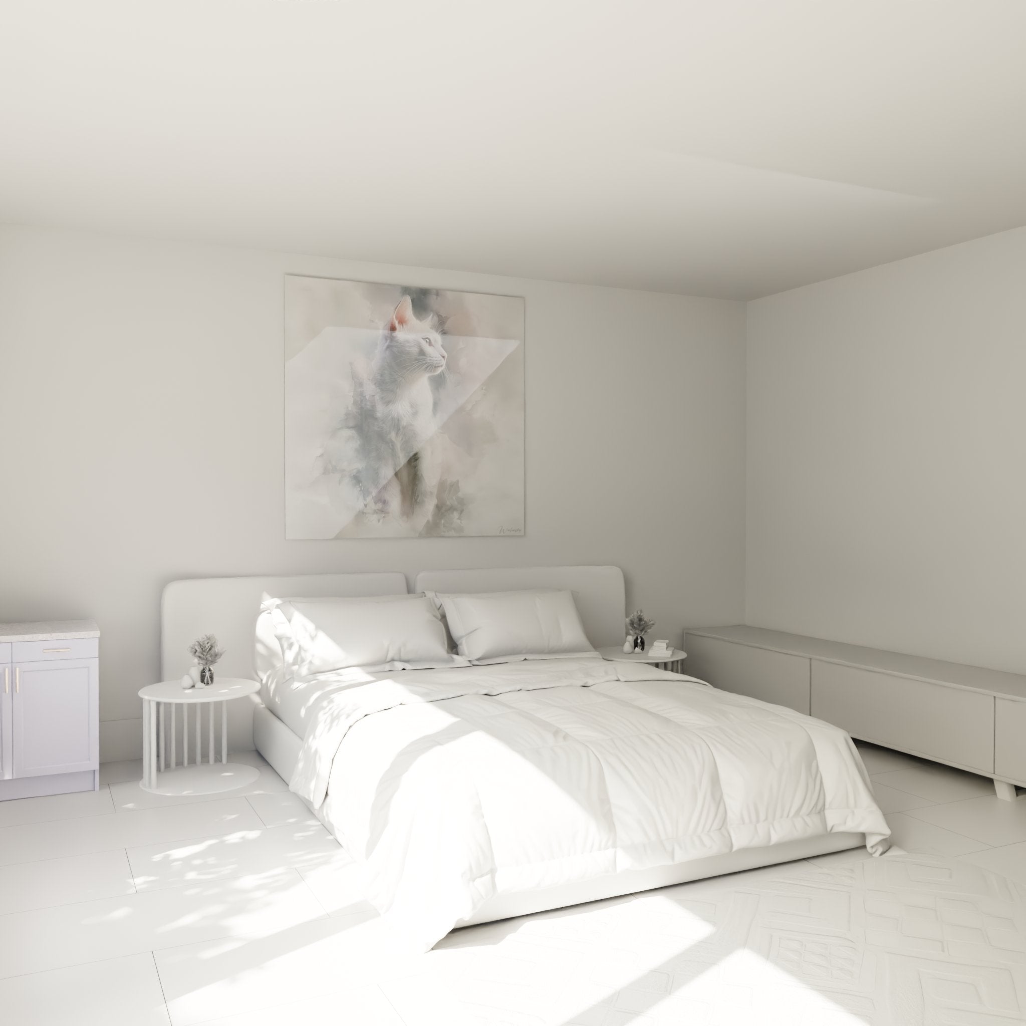 Tableau chat Burmilla contemplatif accroché dans une chambre moderne aux tons neutres