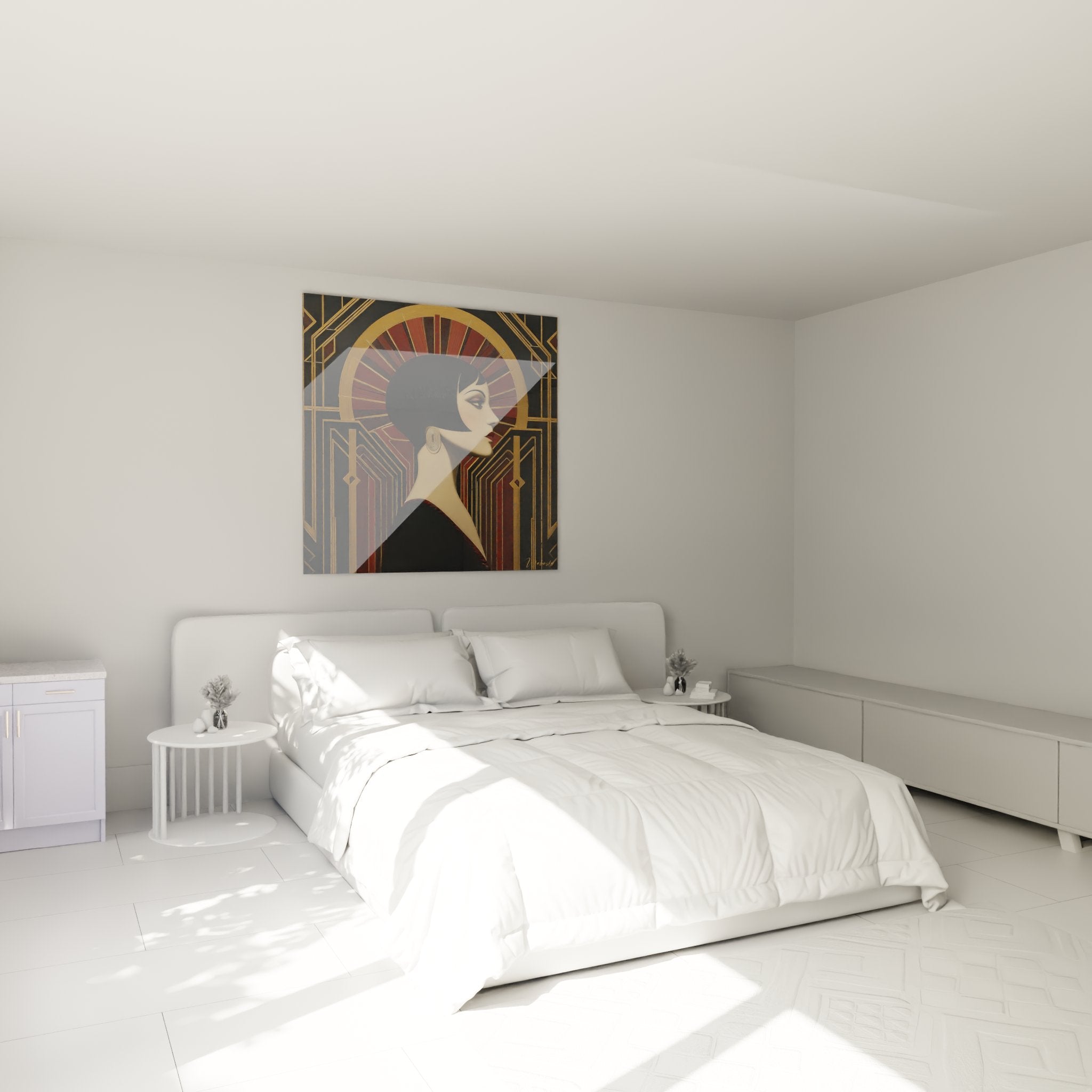 Decorazione camera da letto con quadro donna Art déco in tonalità dorate e bordeaux, atmosfera vintage sofisticata