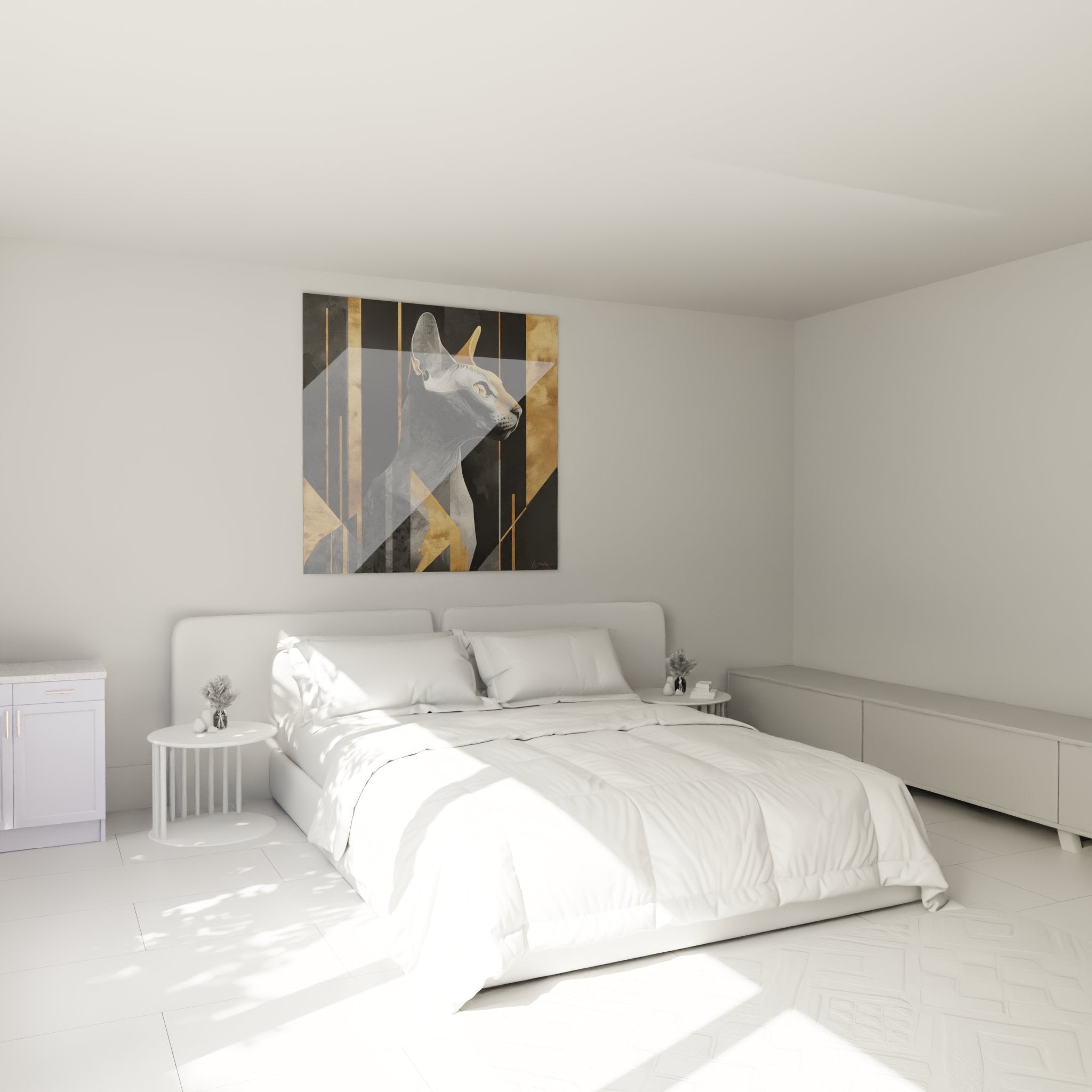 Quadro gatto Peterbald stile art deco appeso in camera moderna con decorazione contemporanea elegante