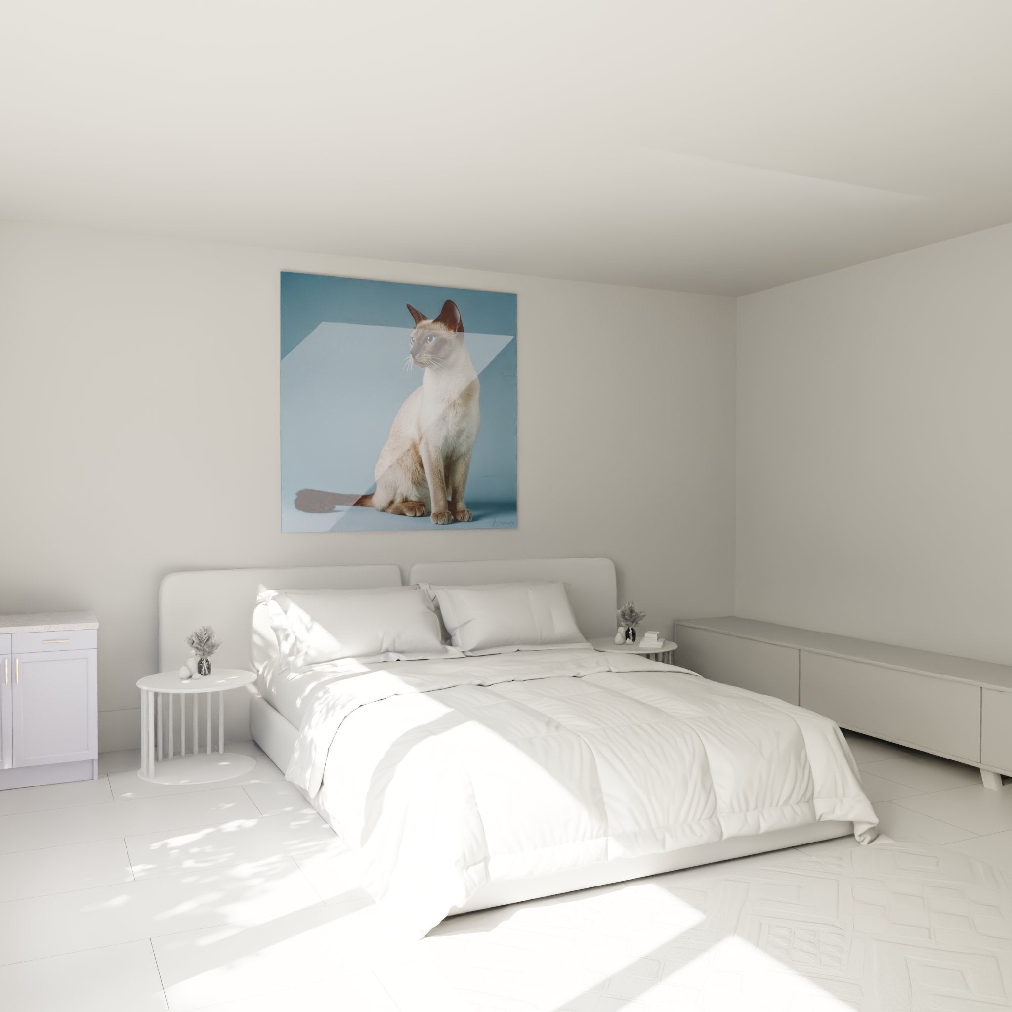 Quadro gatto Tonkinese in camera moderna, decorazione murale con ritratto felino nei toni beige e blu