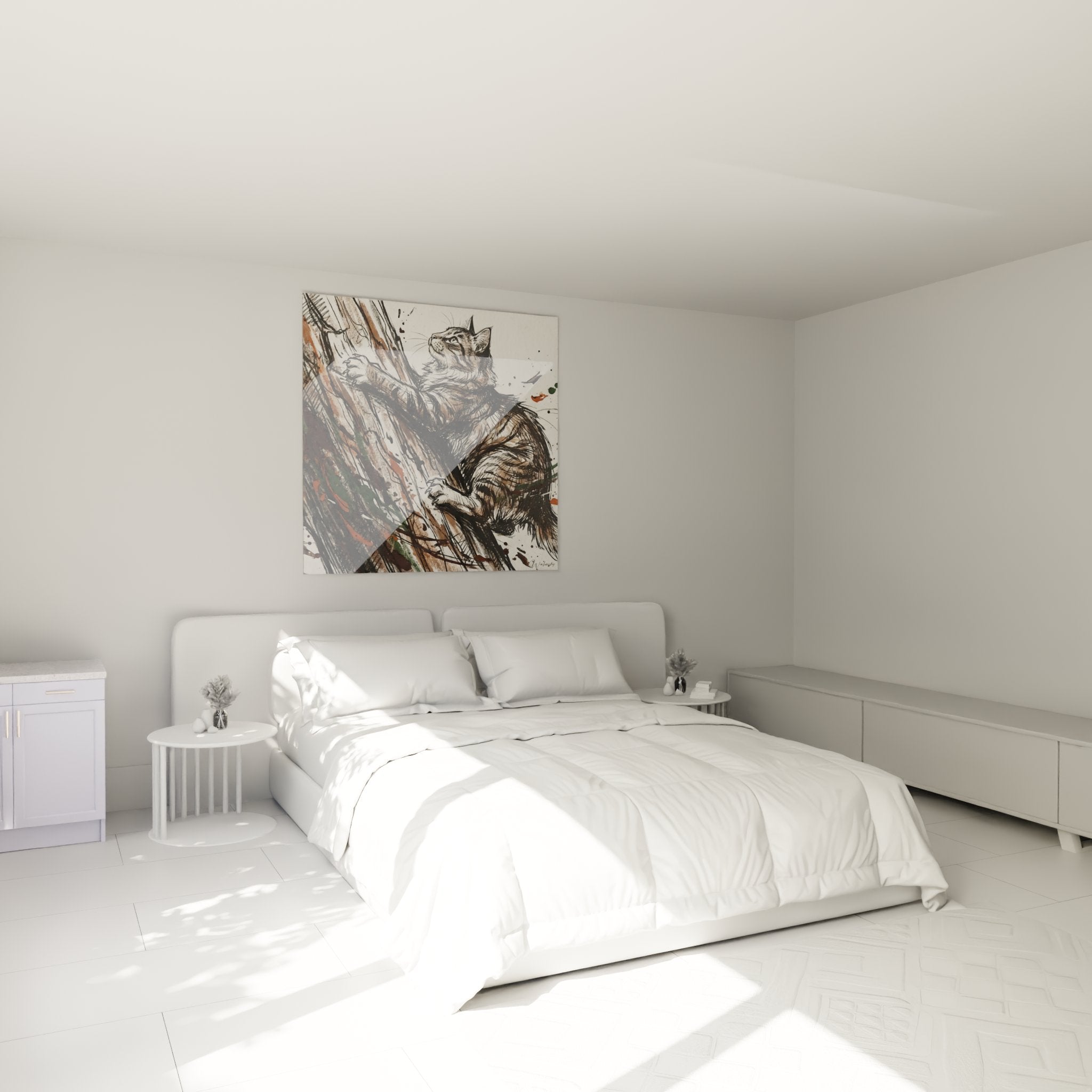 Wanddekoration Katze Norwegian Forest Cat Kletterer in einem modernen und gemütlichen Schlafzimmer