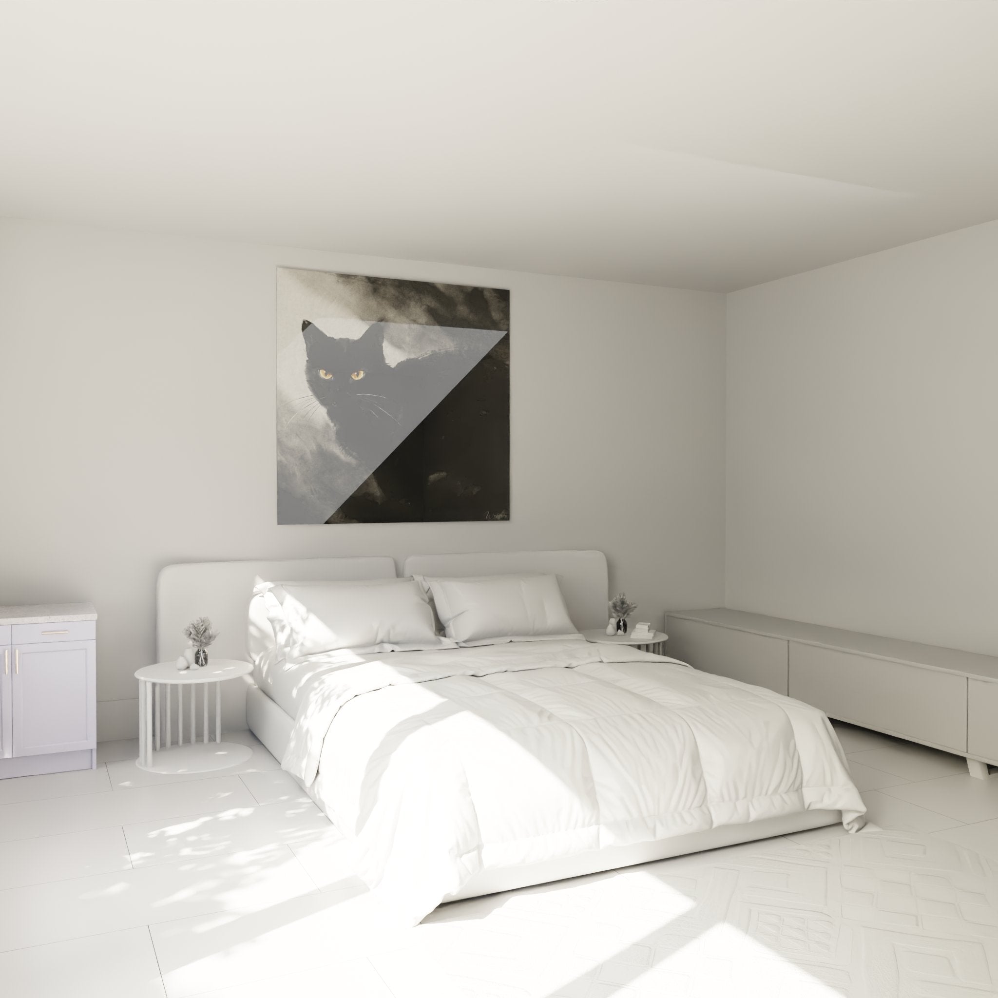 Quadro gatto nero misterioso in camera moderna, decorazione murale felina con occhi dorati penetranti