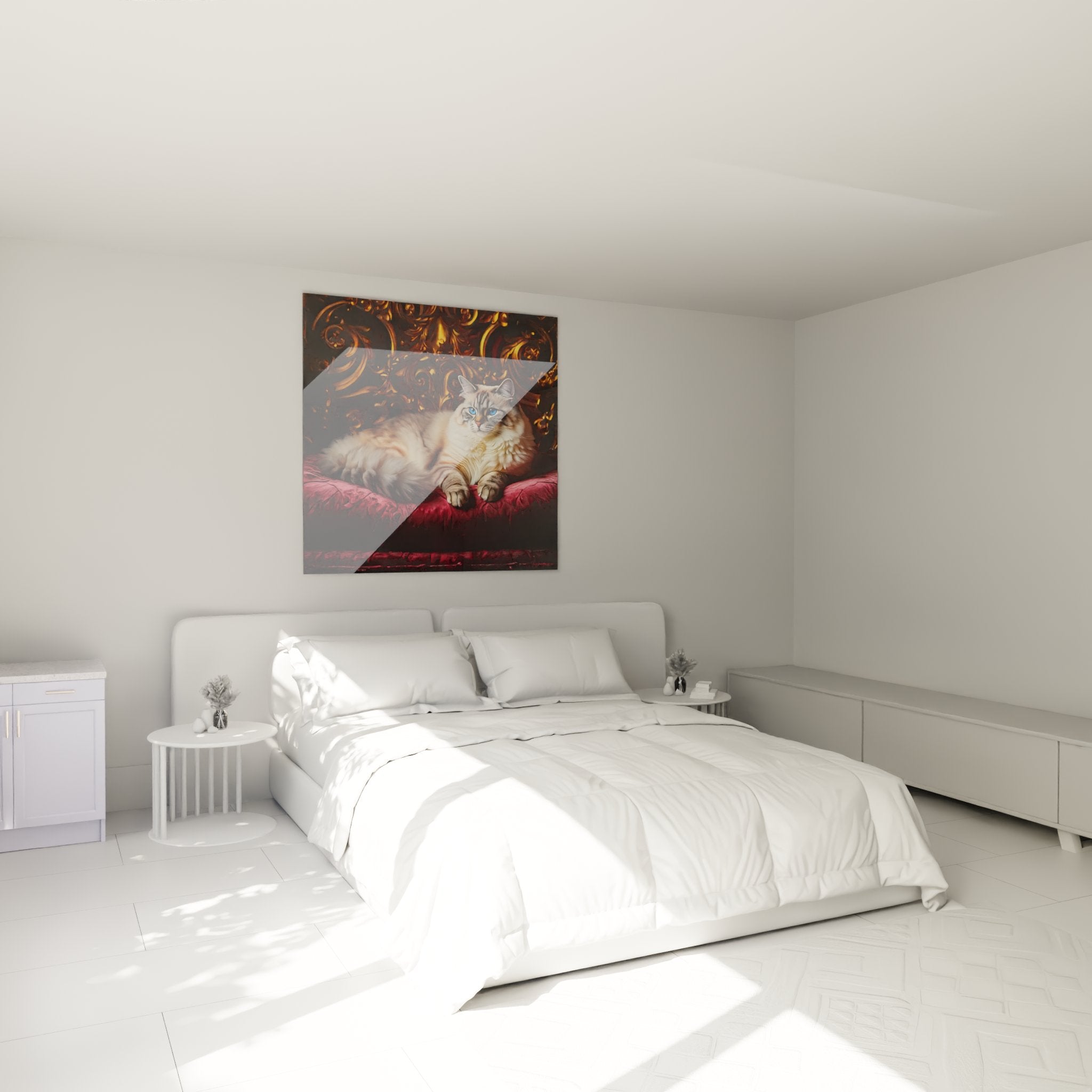 Bedroom decoration with majestic Birman cat painting on red velvet in elegant modern interior