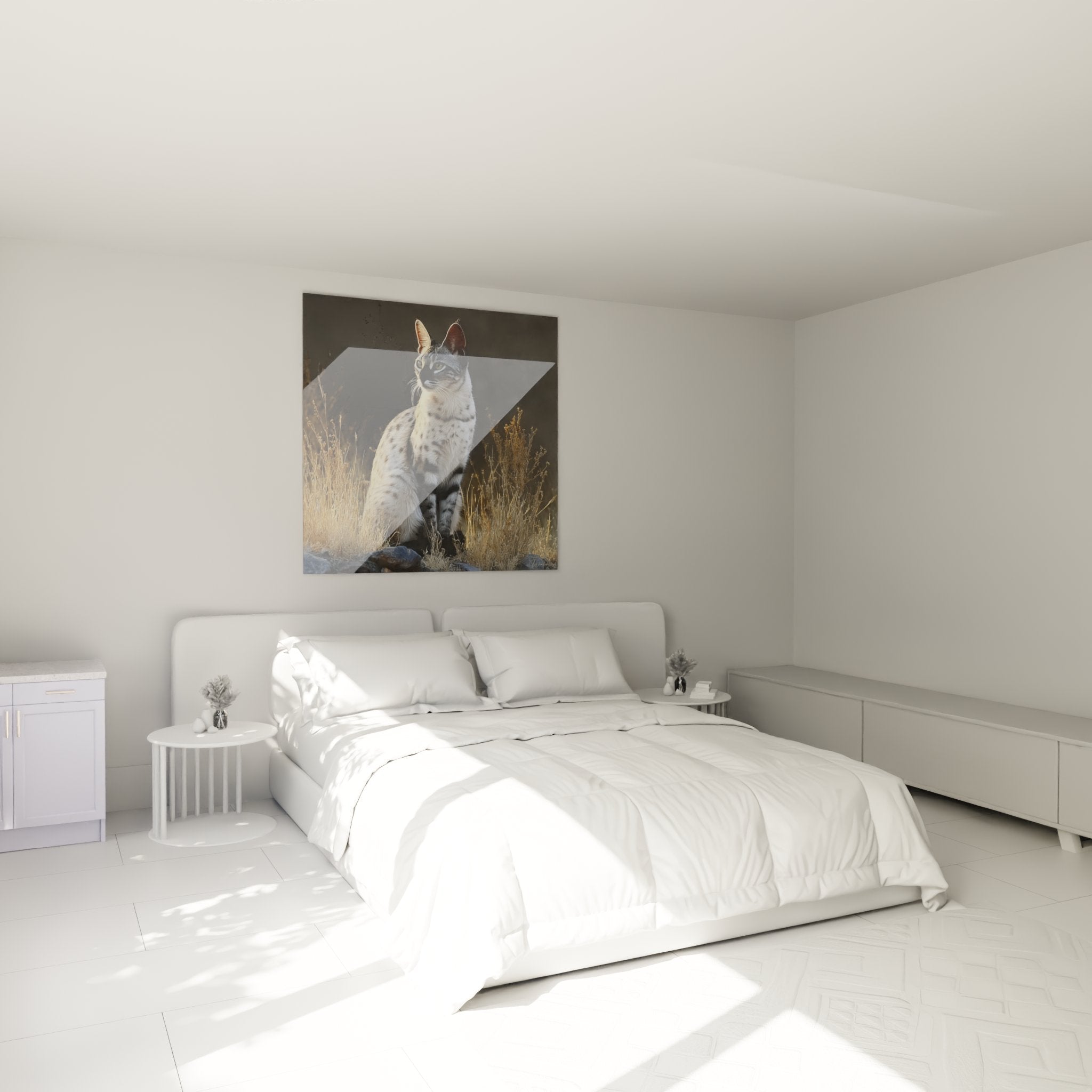Decorazione della camera da letto con quadro Egyptian Mau in ambiente naturale, atmosfera calda e moderna