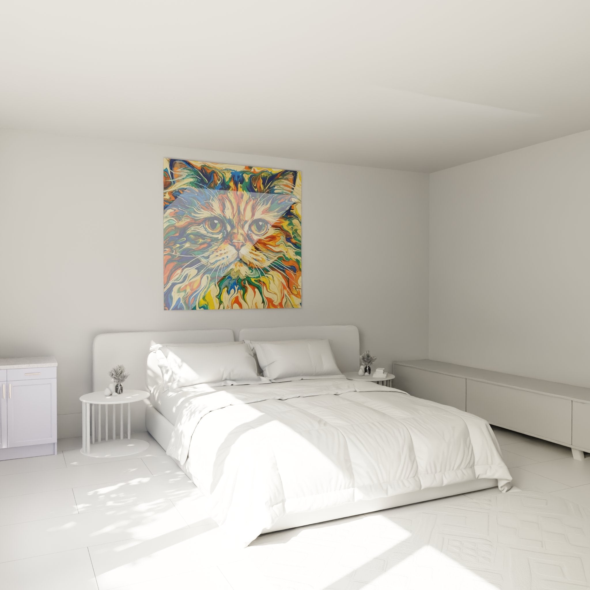 Buntes Persisches Katzen-Gemälde in modernem Schlafzimmer, felinas Wandkunst in Blau- und Orangetönen für Innenraumdekoration
