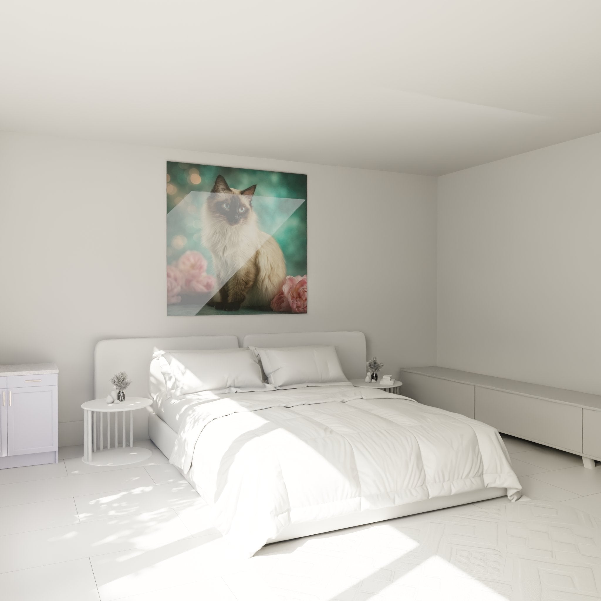 Quadro gatto balinese occhi blu in camera moderna - decorazione murale rilassante con peonie rosa