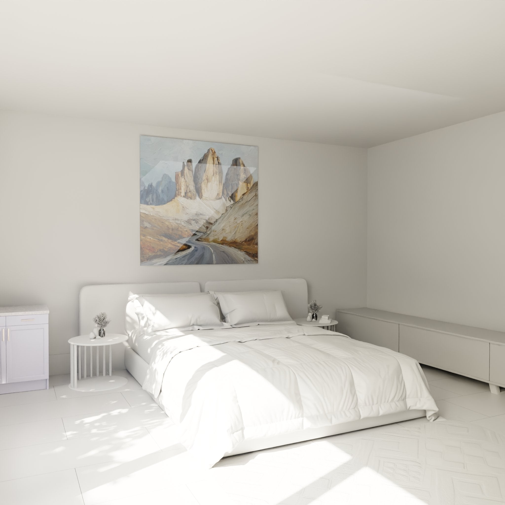 Wall decoration painting Dolomites in modern bedroom, mountain landscape road to rocky peaks