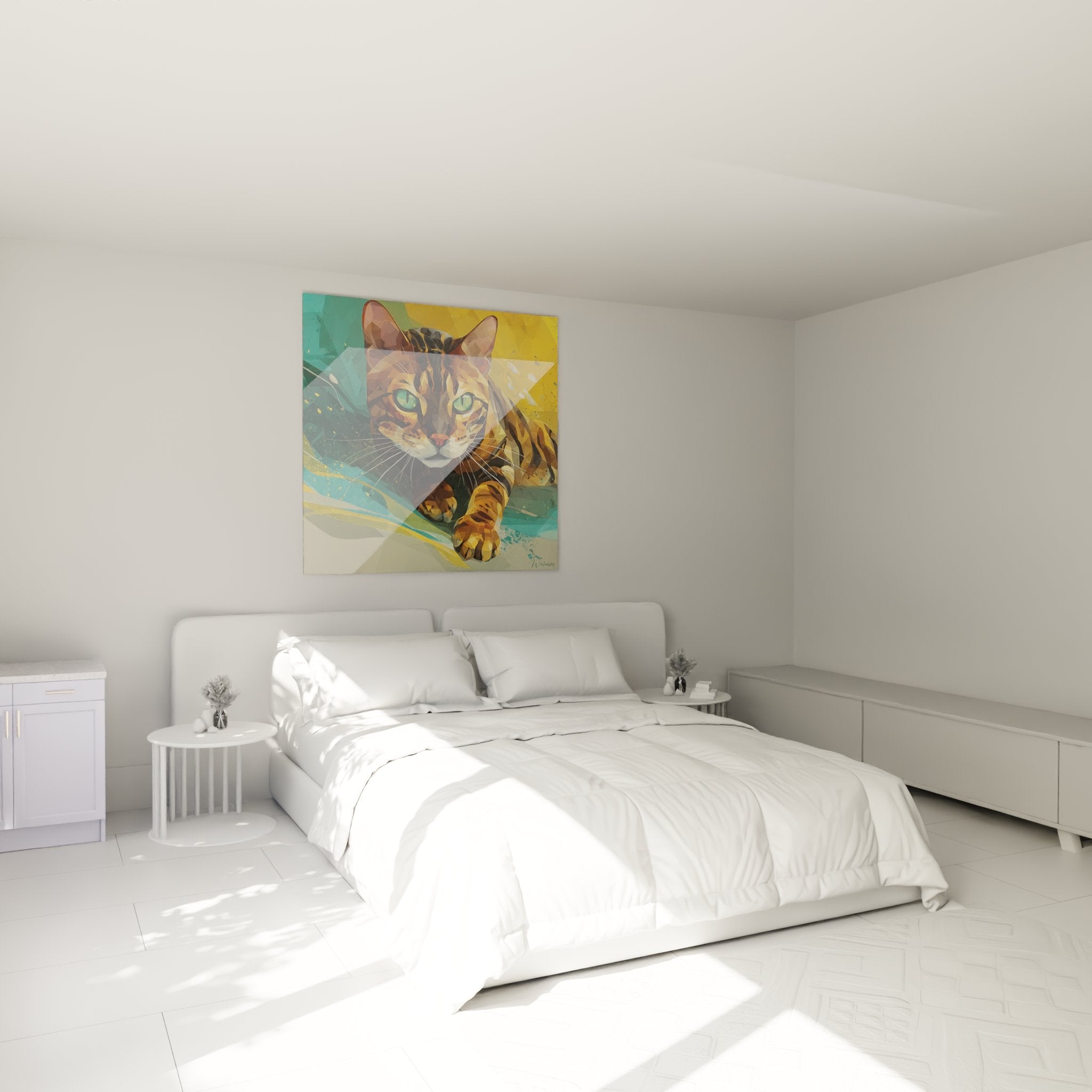 Tableau chat Toyger artistique dans chambre moderne, decoration murale feline contemporaine aux tons chauds