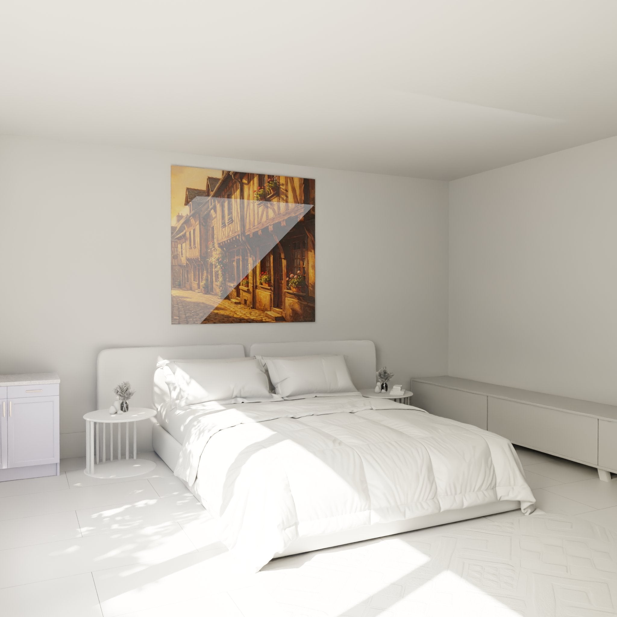 Wall decoration bedroom with medieval Breton street artwork featuring warm tones and traditional architecture