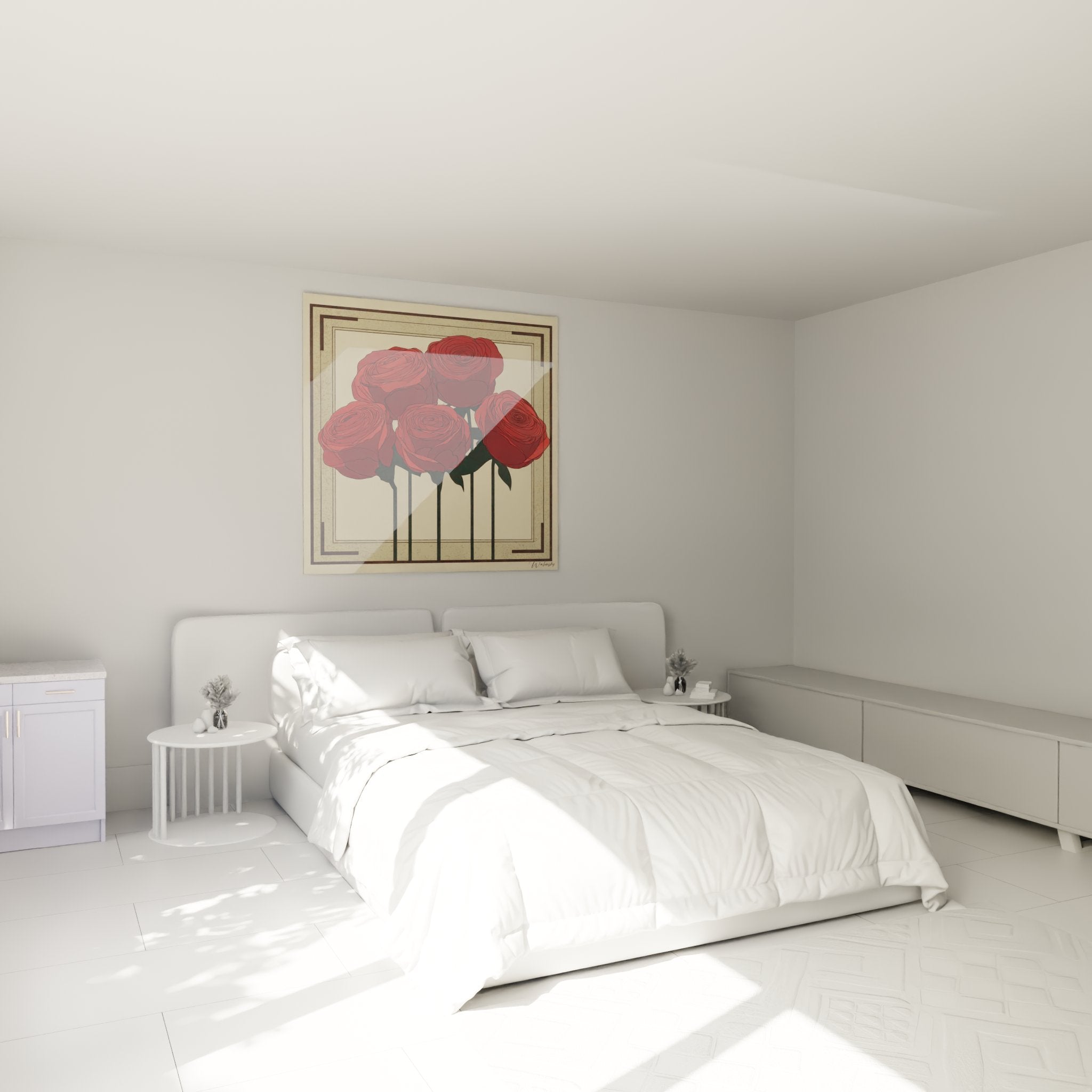 Decorazione camera da letto con quadro rose rosse art deco sopra il letto atmosfera romantica