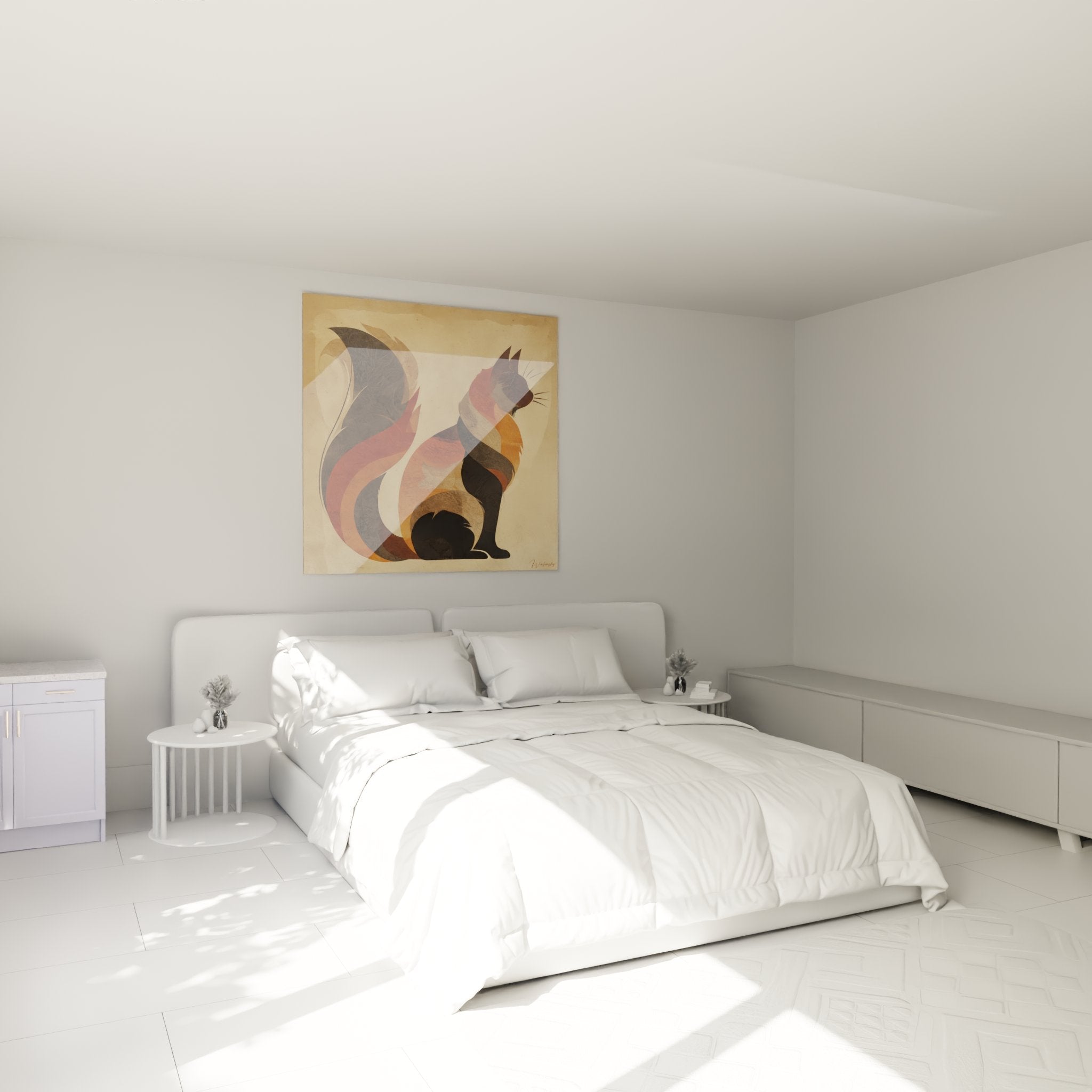 Décoration murale chambre avec tableau chat abstrait tons chauds, ambiance cosy et moderne