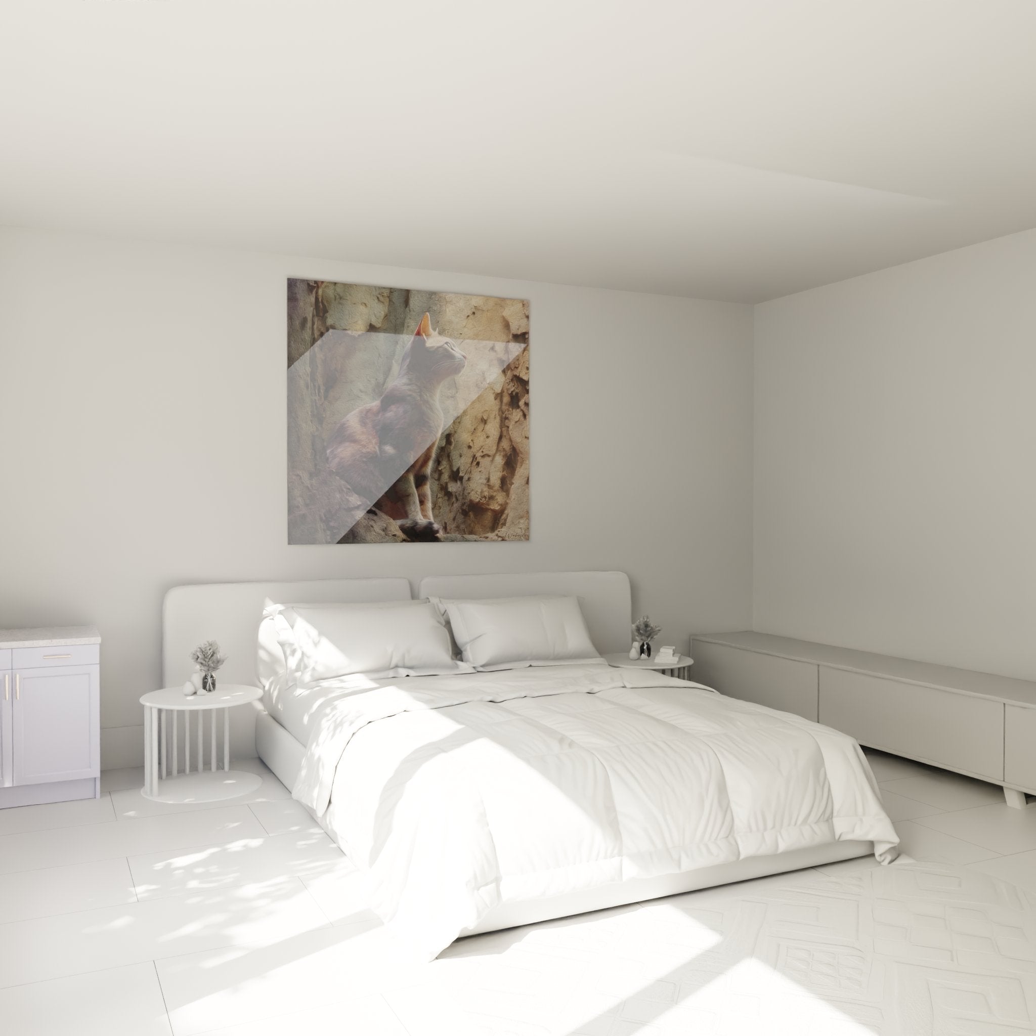Decorazione camera da letto con quadro gatto Sokoke contemplativo, atmosfera calda e rilassante