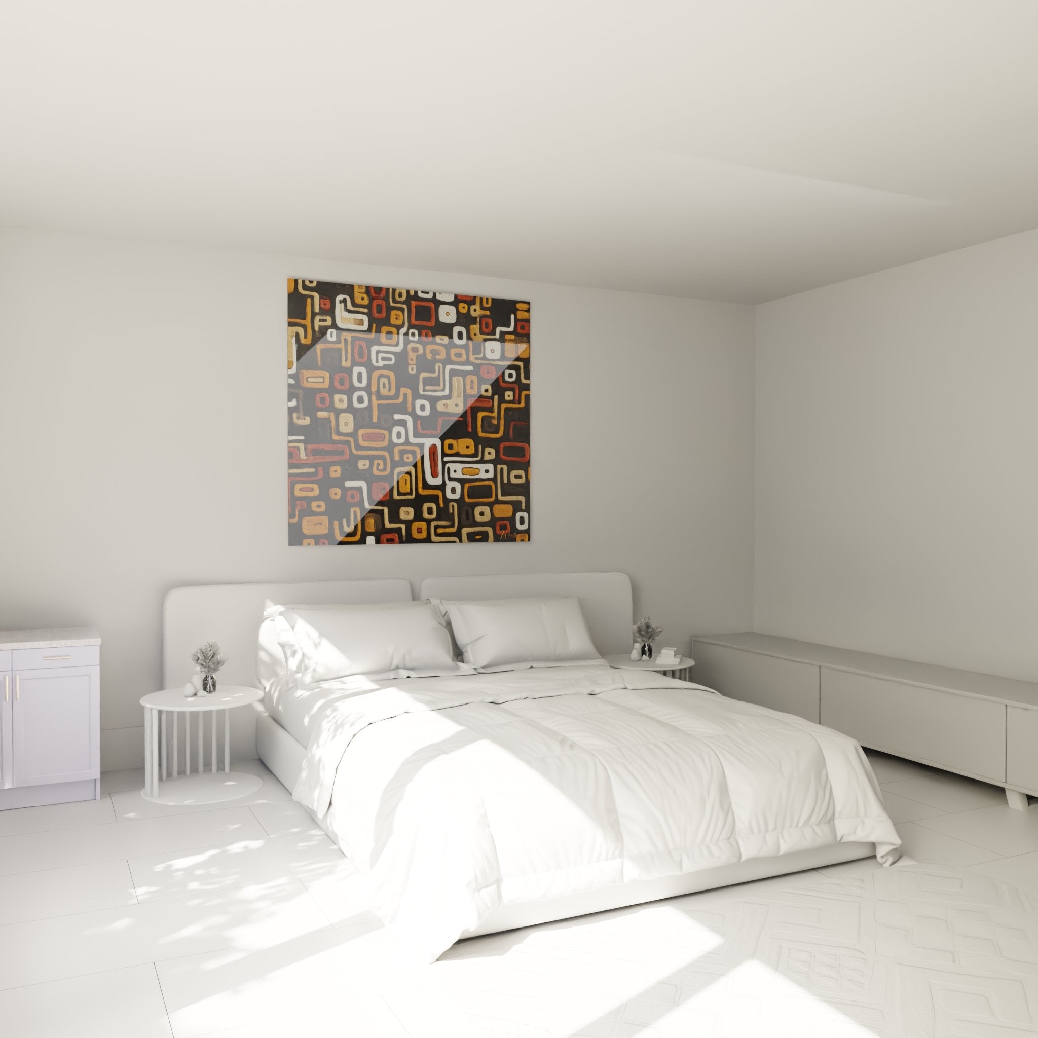 Bedroom decoration with abstract African wall art geometric patterns ethnic earthy ochre red colors