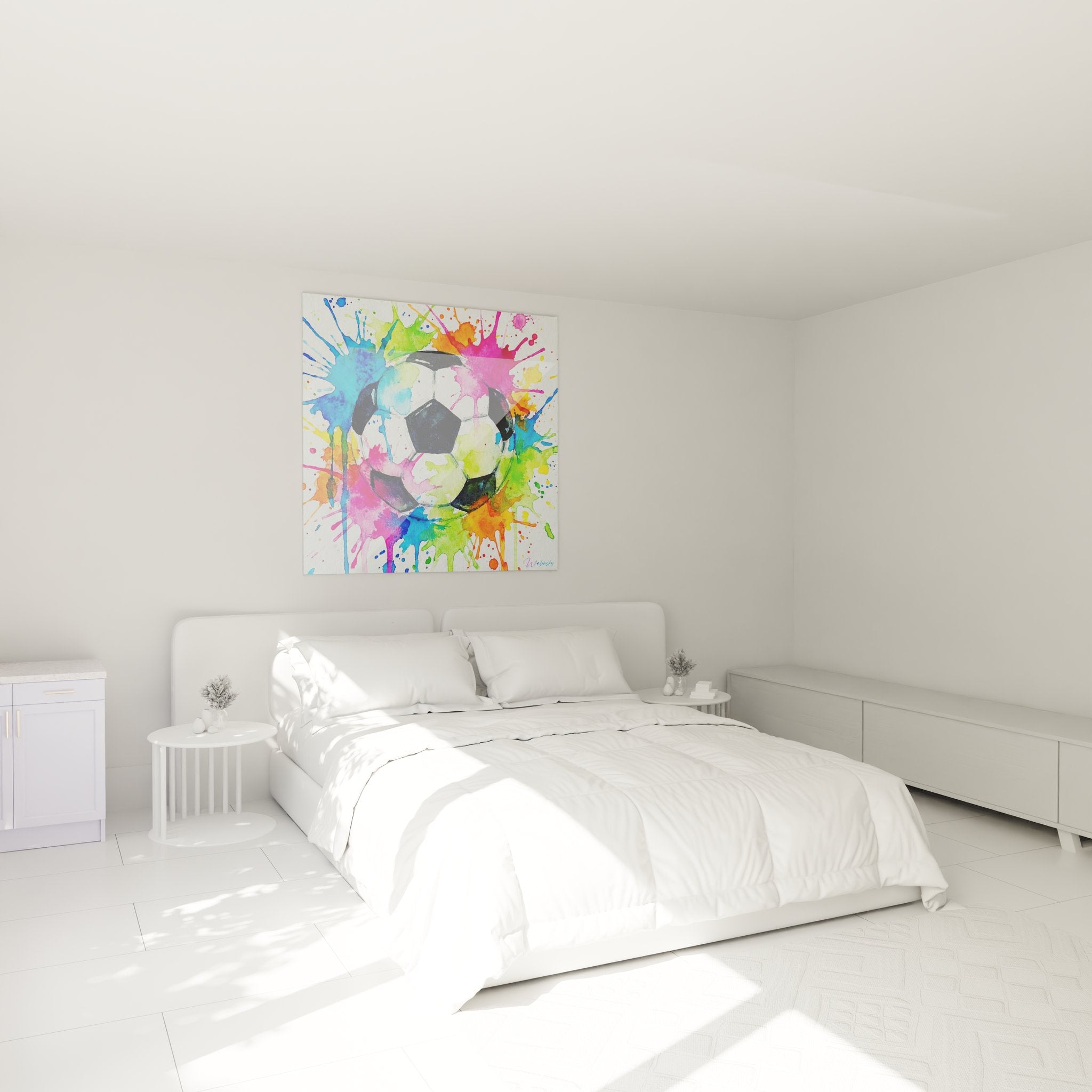 Tableau football explosion colorée décorant élégamment une chambre moderne avec ballon artistique