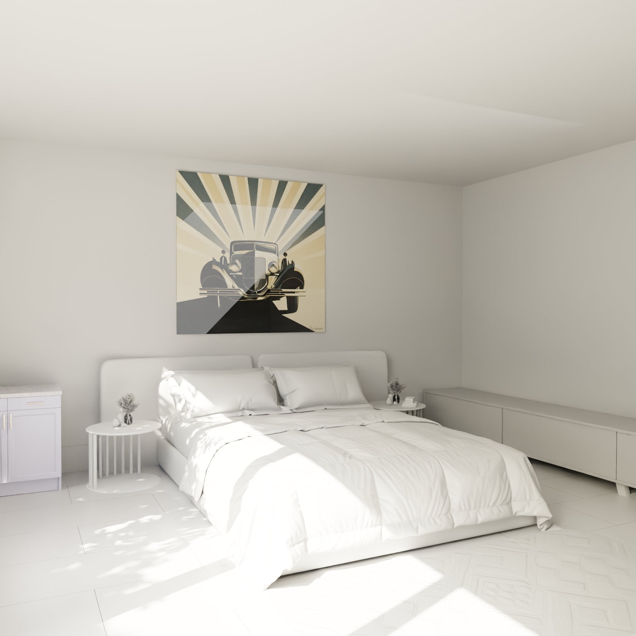 Decorazione camera da letto con quadro automobile vintage Art Deco auto d'epoca raggi luminosi dorati