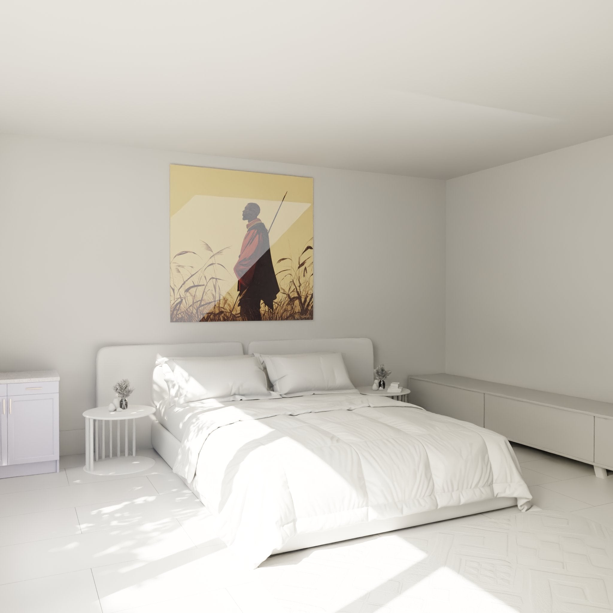 African warrior art wall decoration Maasai mask in modern bedroom ethnic chic contemporary style