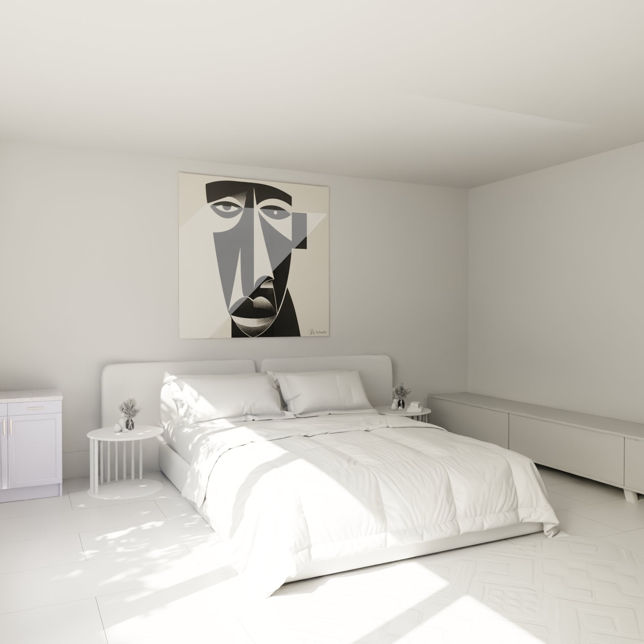 Quadro tribale cubista in camera moderna, arte africana contemporanea nero e beige su muro bianco