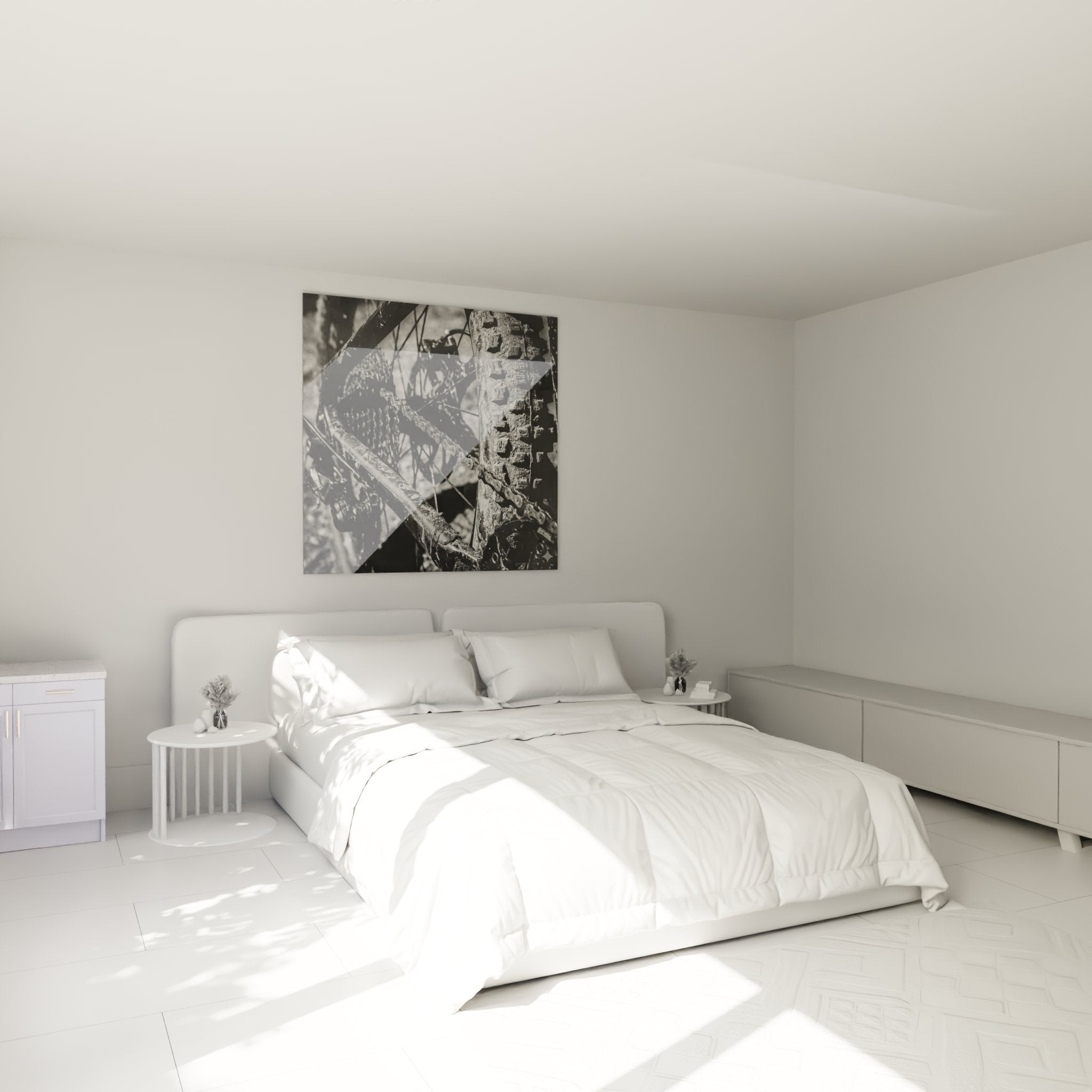 Tableau VTT mecanique vintage accroche dans chambre moderne avec decoration cyclisme noir et blanc