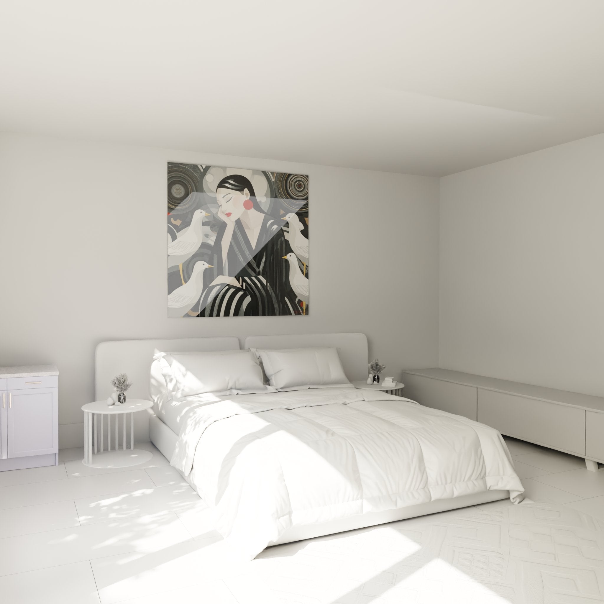 Bedroom decoration with art deco woman and doves artwork, sophisticated black and white ambiance