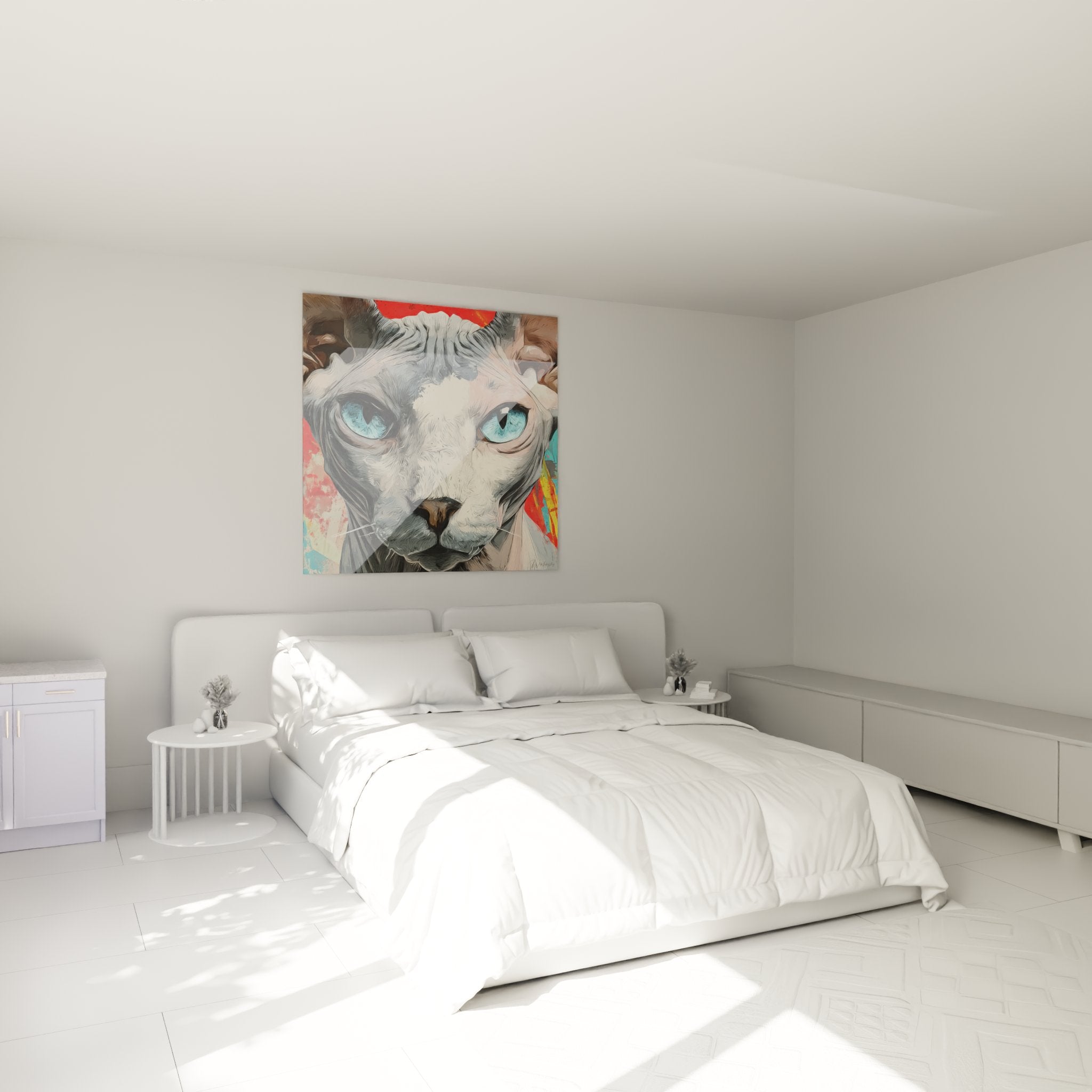 Quadro gatto Sphynx con occhi blu appeso in una camera moderna per decorazione murale elegante