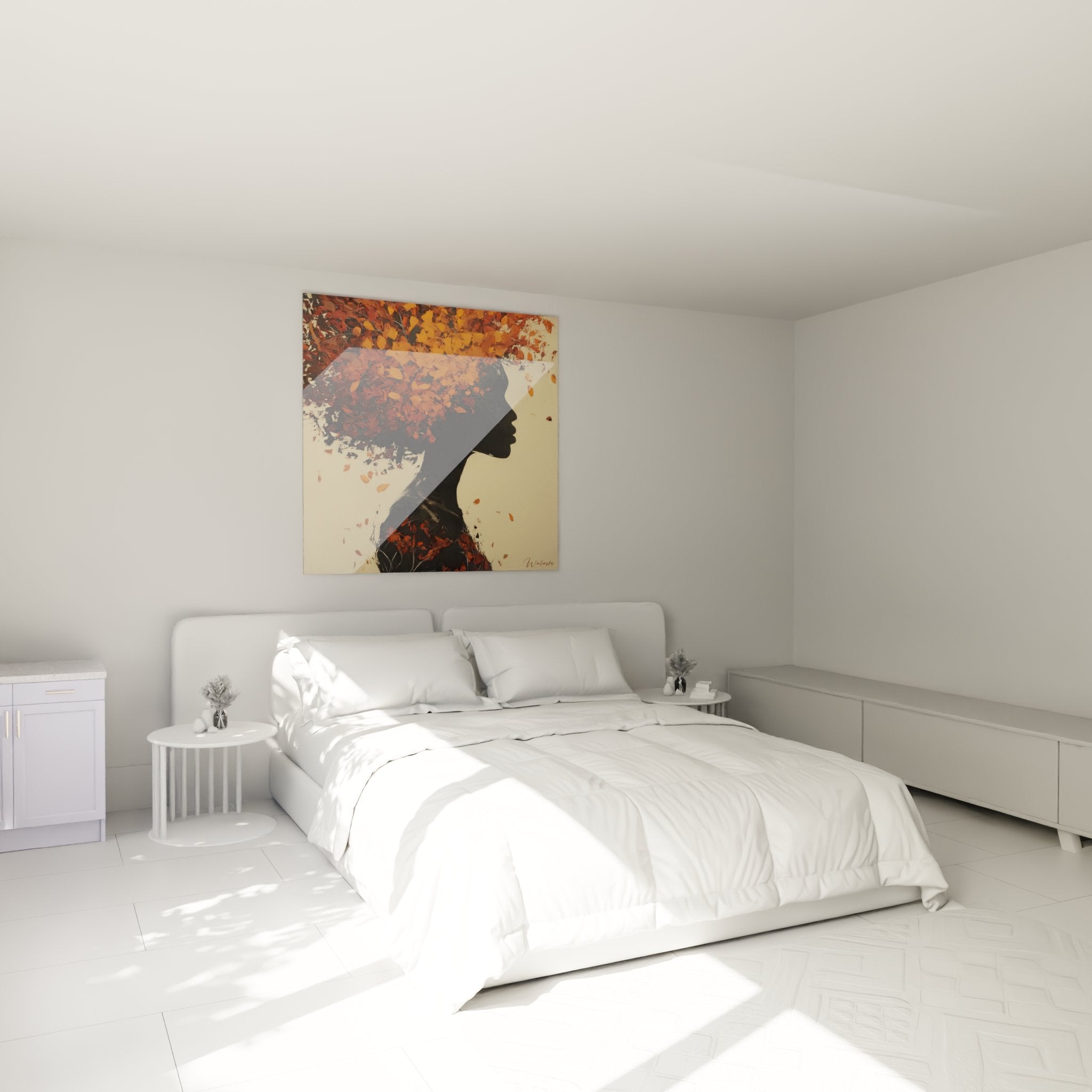 Décoration murale chambre avec tableau femme africaine automne accroché au-dessus du lit