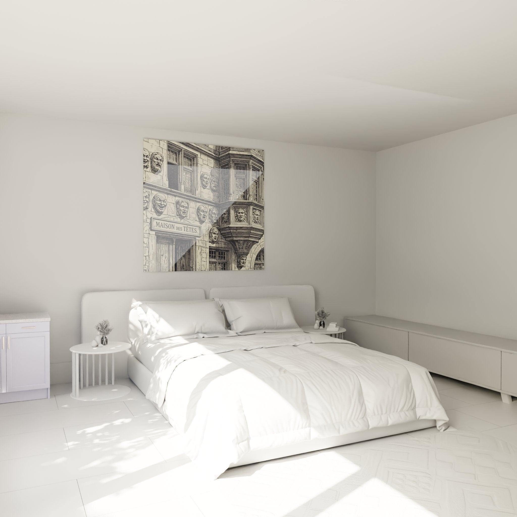 Wanddekoration Schlafzimmer Gemälde Maison des Têtes elsässisches Haus historischer Stich schwarz weiß Stil