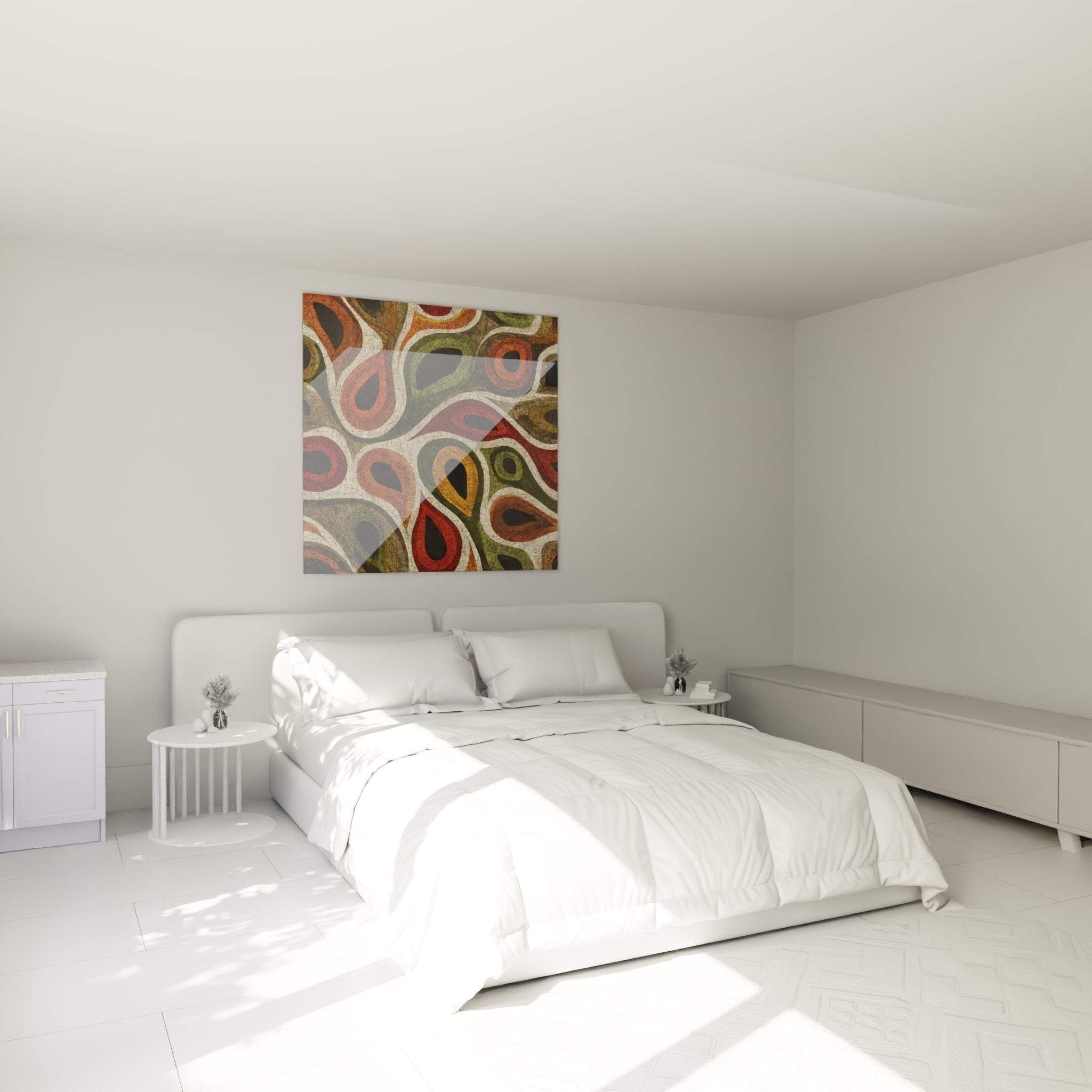 African mosaic wall art in bedroom ethnic decoration organic patterns earth tones