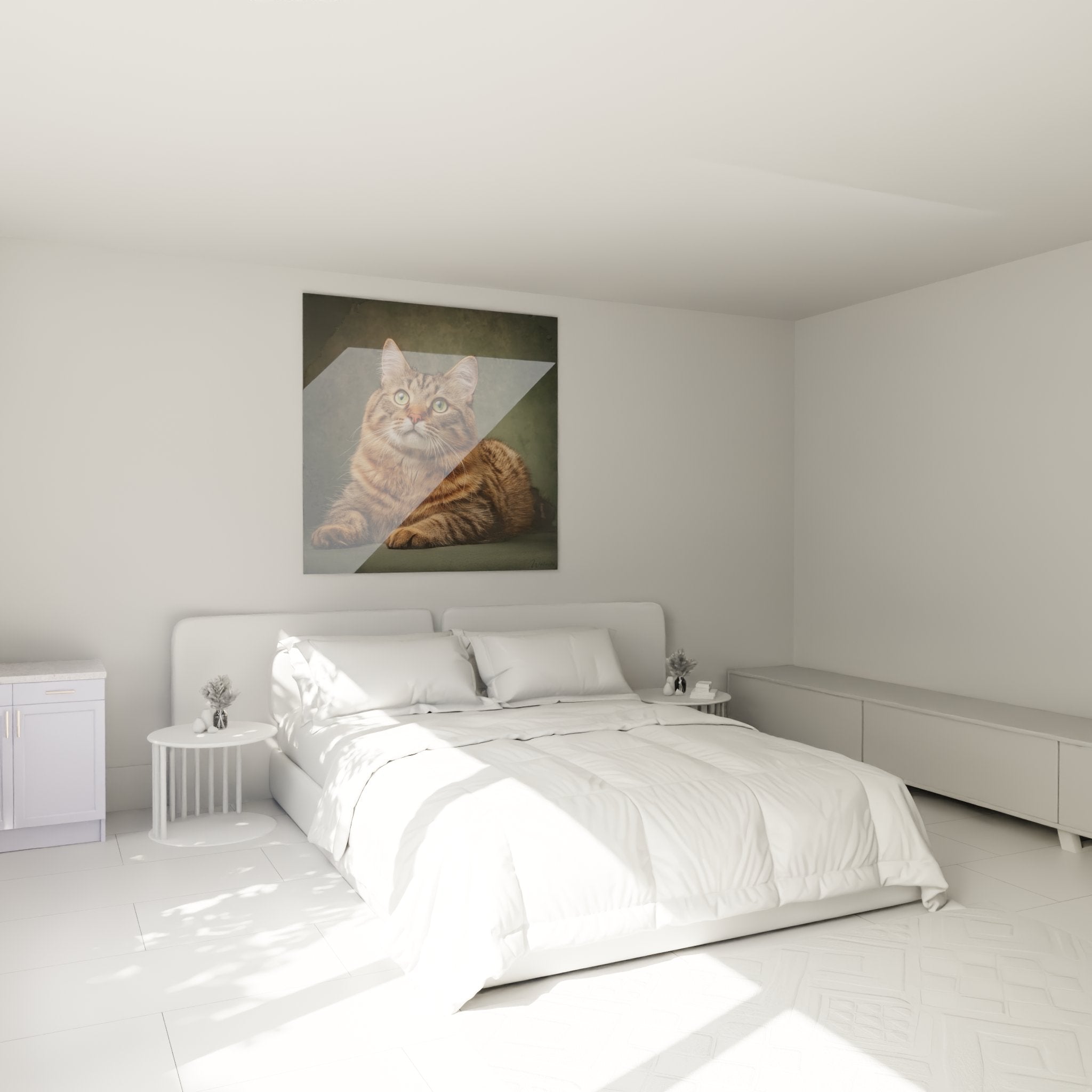 Decoration murale chambre avec tableau chat American Bobtail yeux verts sur mur gris moderne