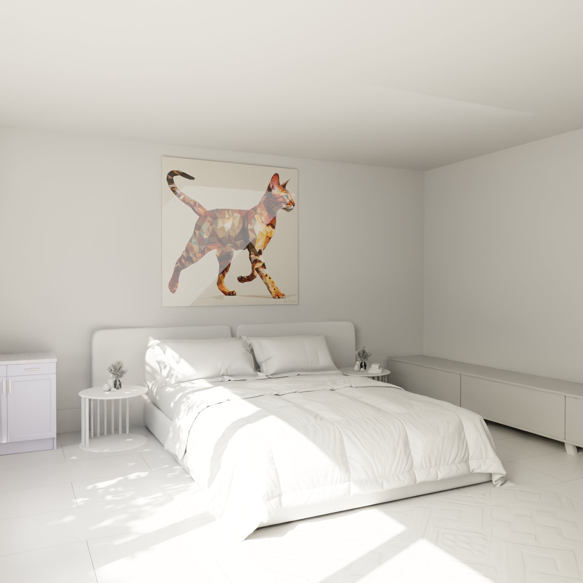 Polygonal geometric cat artwork hanging in modern bedroom contemporary feline wall decoration
