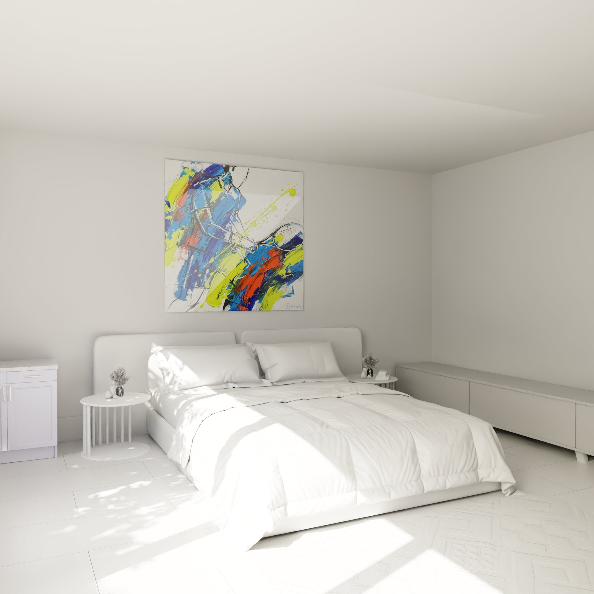 Decorazione camera da letto con quadro tennis astratto colorato, atmosfera moderna e sportiva per interno