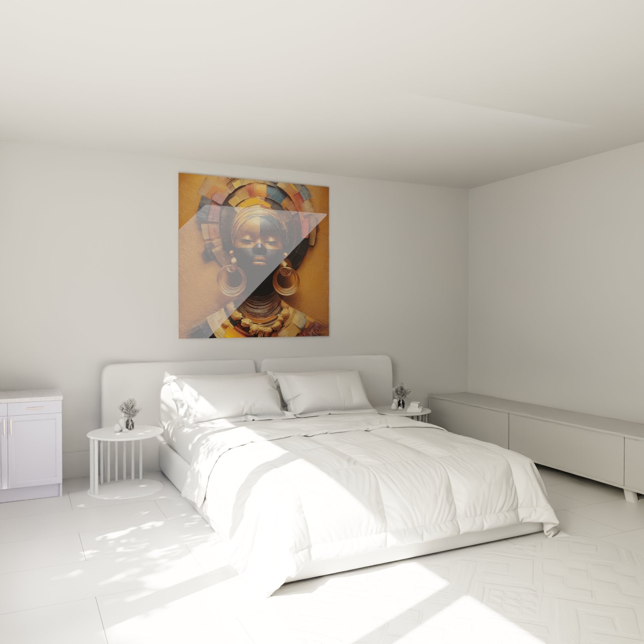 Ritratto africano con toni dorati in camera moderna, decorazione murale etnica contemporanea