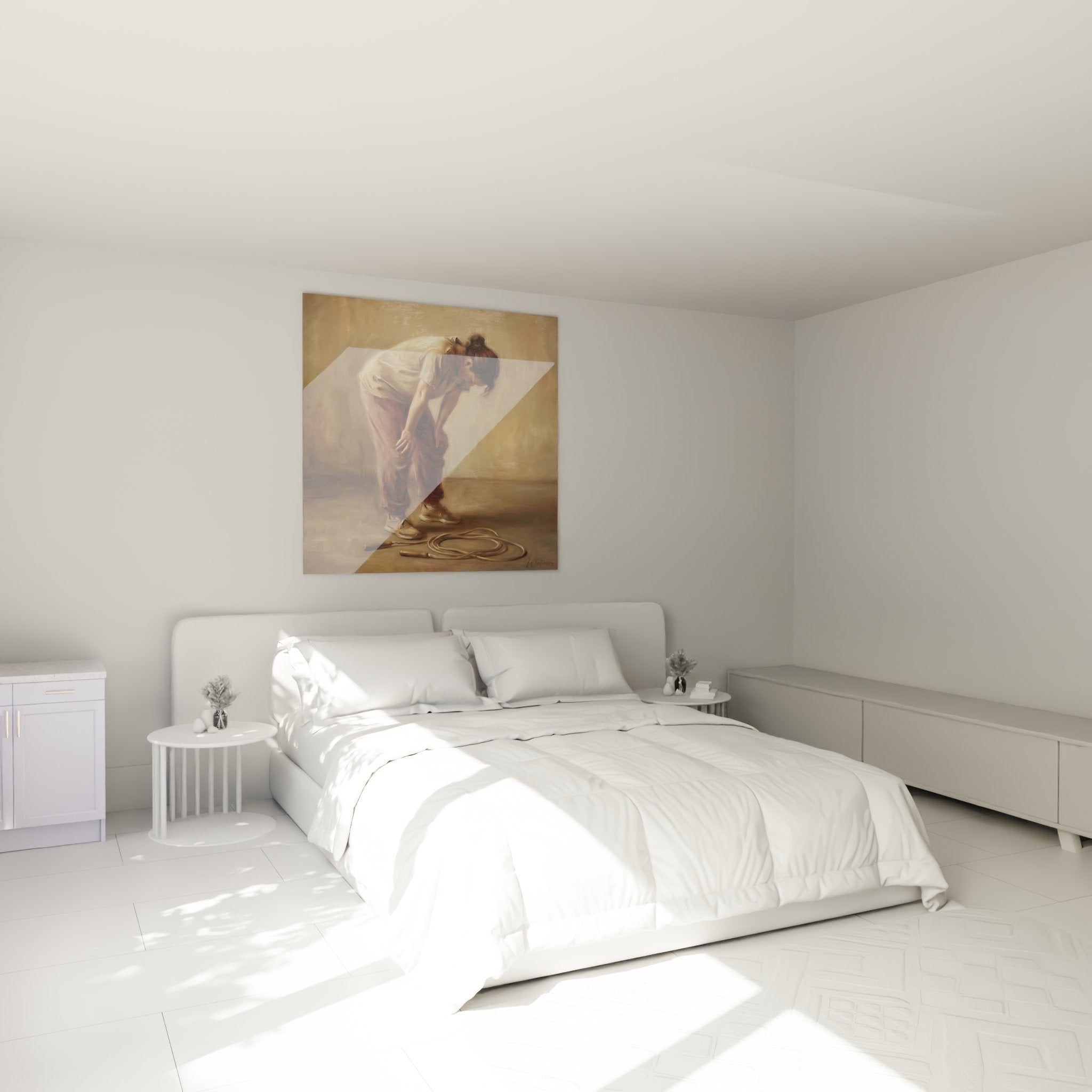 Ballet dancer preparation dance wall art in modern bedroom with neutral and elegant tones