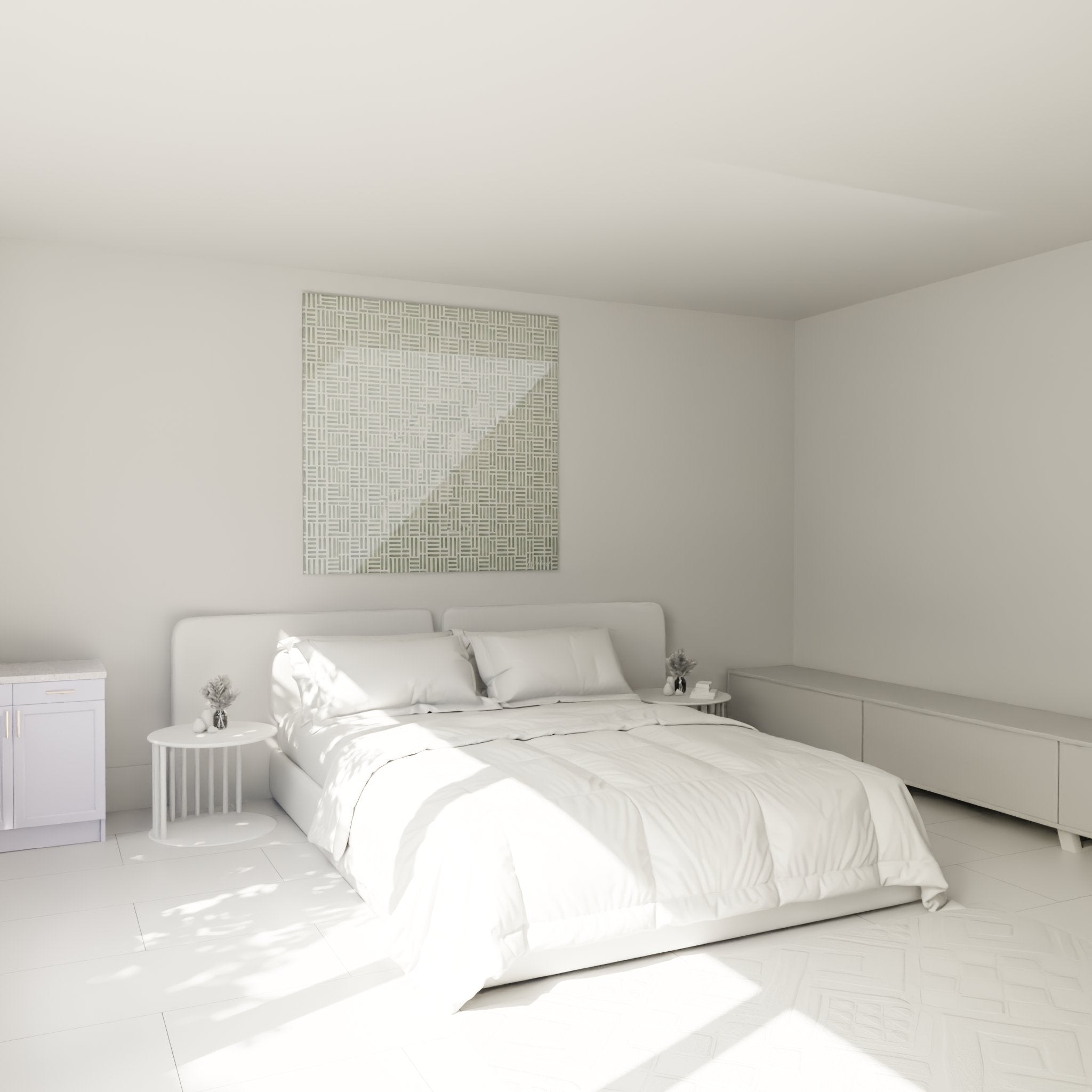 Quadro geometrico verde installato in camera moderna per un'atmosfera zen e rilassante