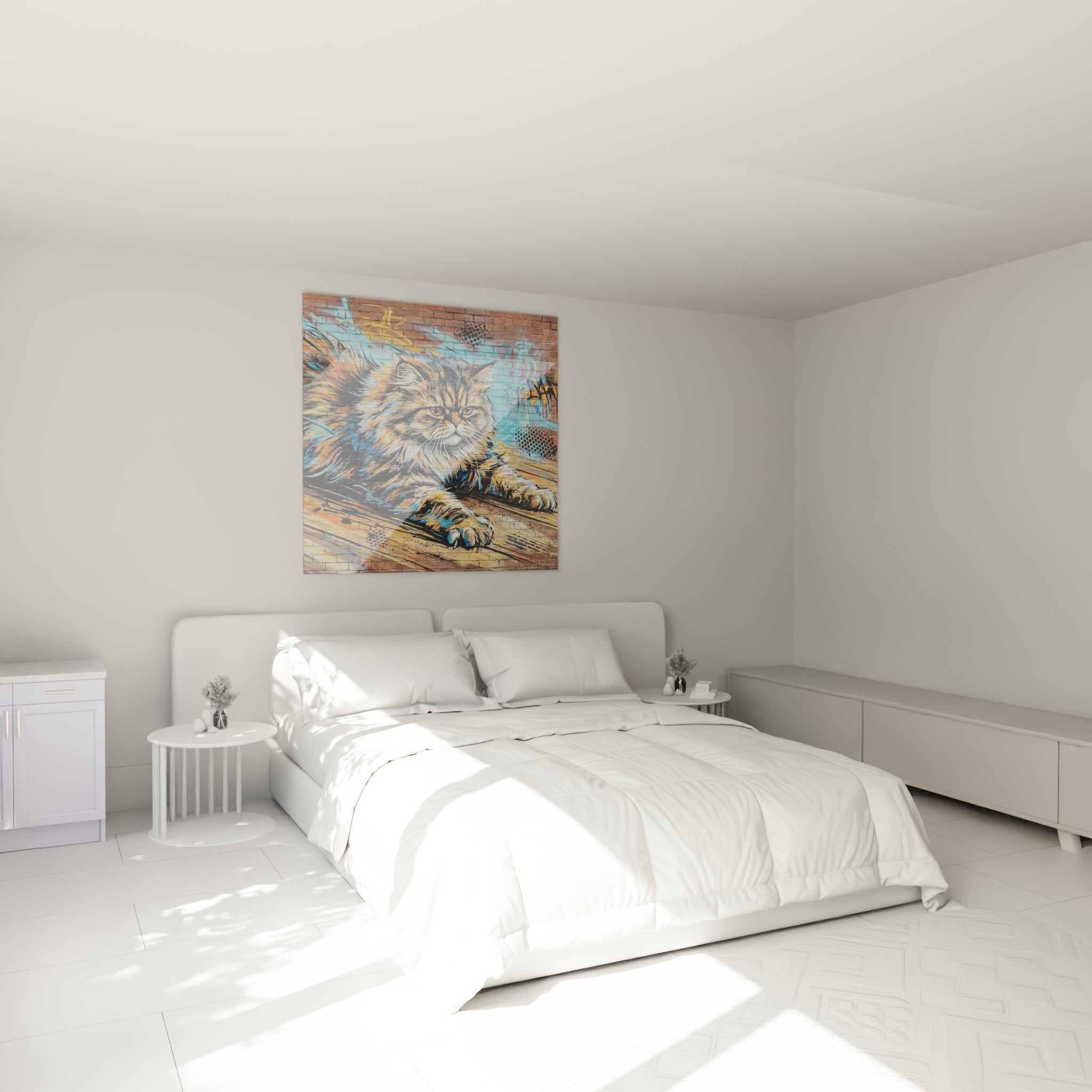 Persian cat wall art street art decoration in modern bedroom with warm color palette