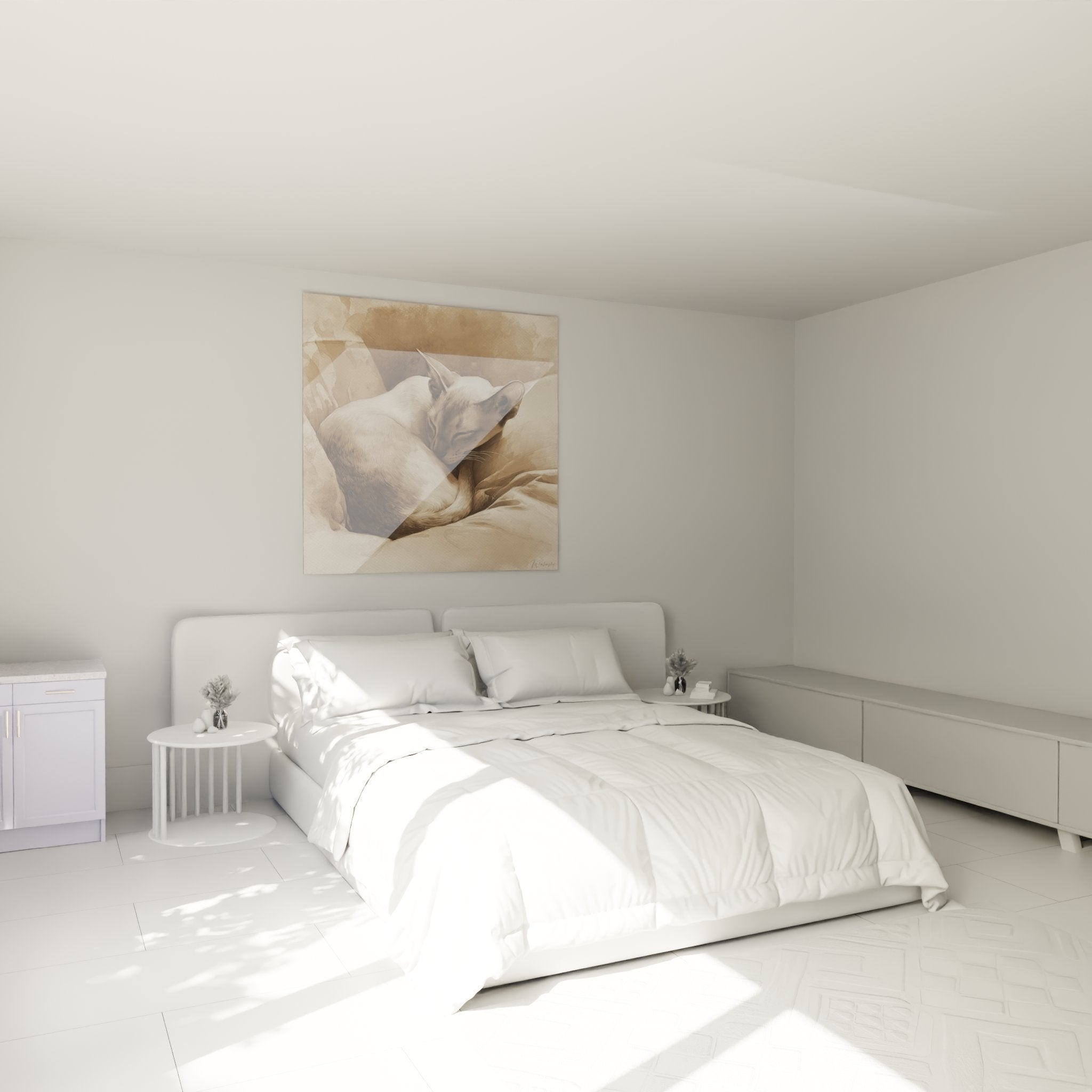 Décoration murale chat Singapura endormi dans une chambre aux tons neutres et apaisants