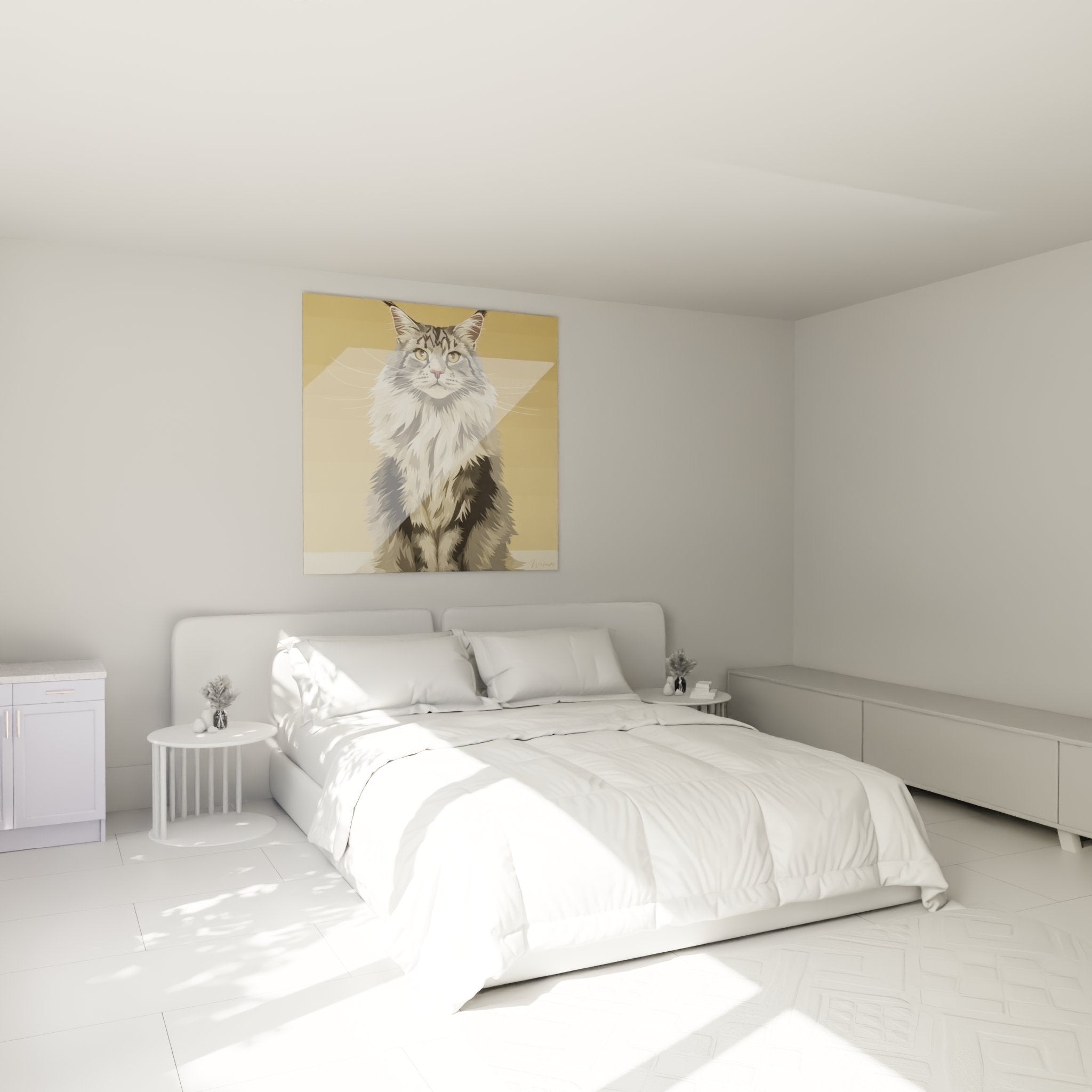 Tableau chat sibérien décorant élégamment une chambre moderne, ambiance chaleureuse et apaisante