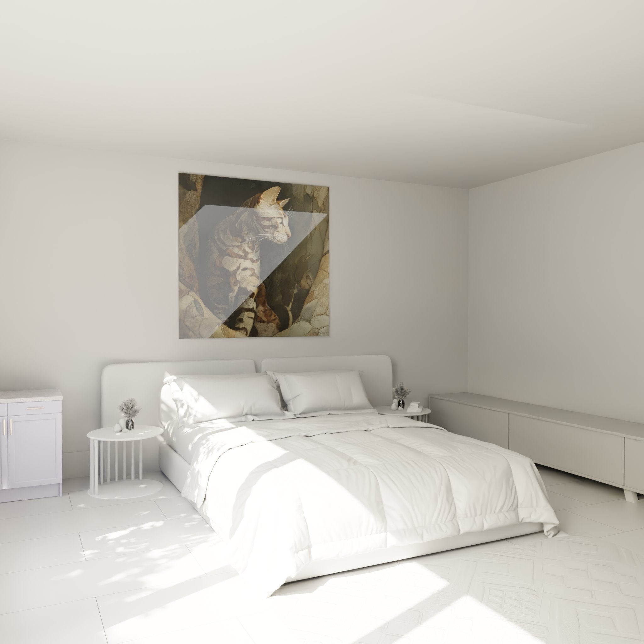 Quadro gatto Sokoke contemplativo installato in una camera moderna per una decorazione rilassante