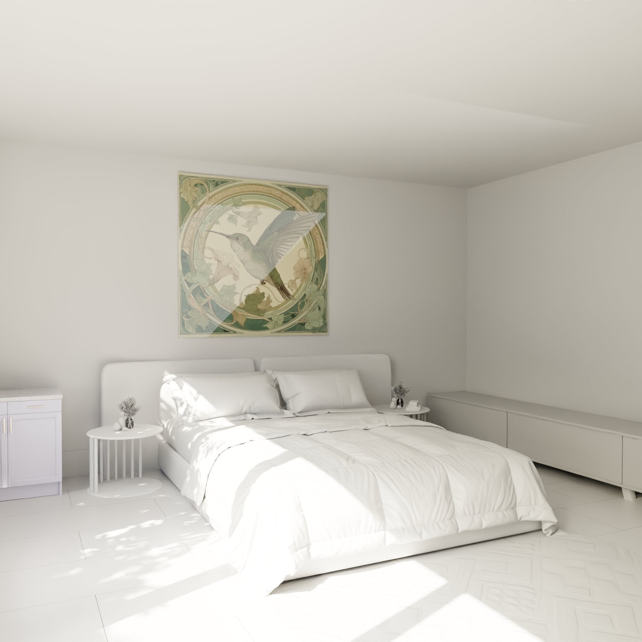 Decoration murale colibri Art Nouveau dans chambre moderne avec bordures decoratives et motifs organiques