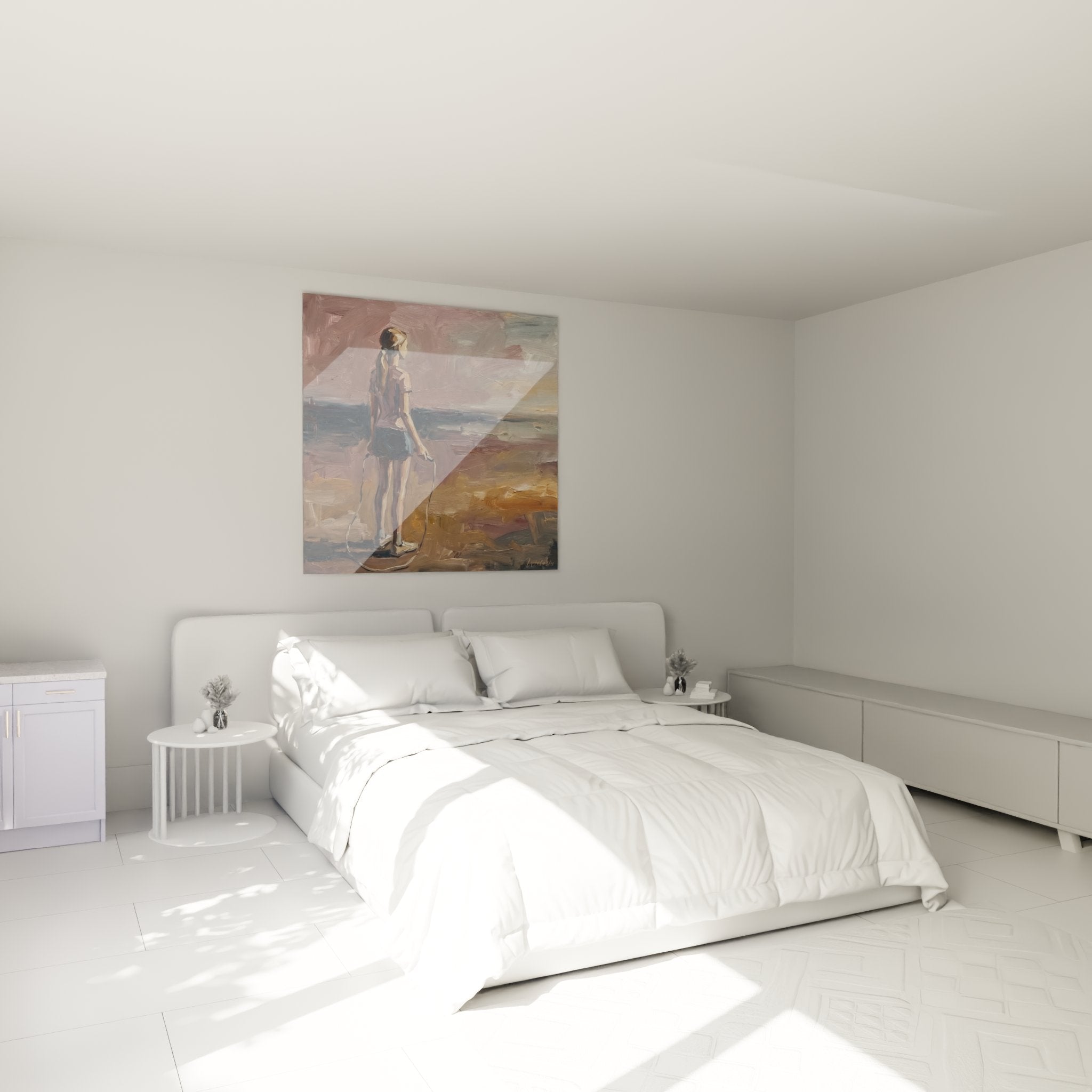 Child's bedroom wall decoration with girl skipping rope painting, soft and contemplative atmosphere