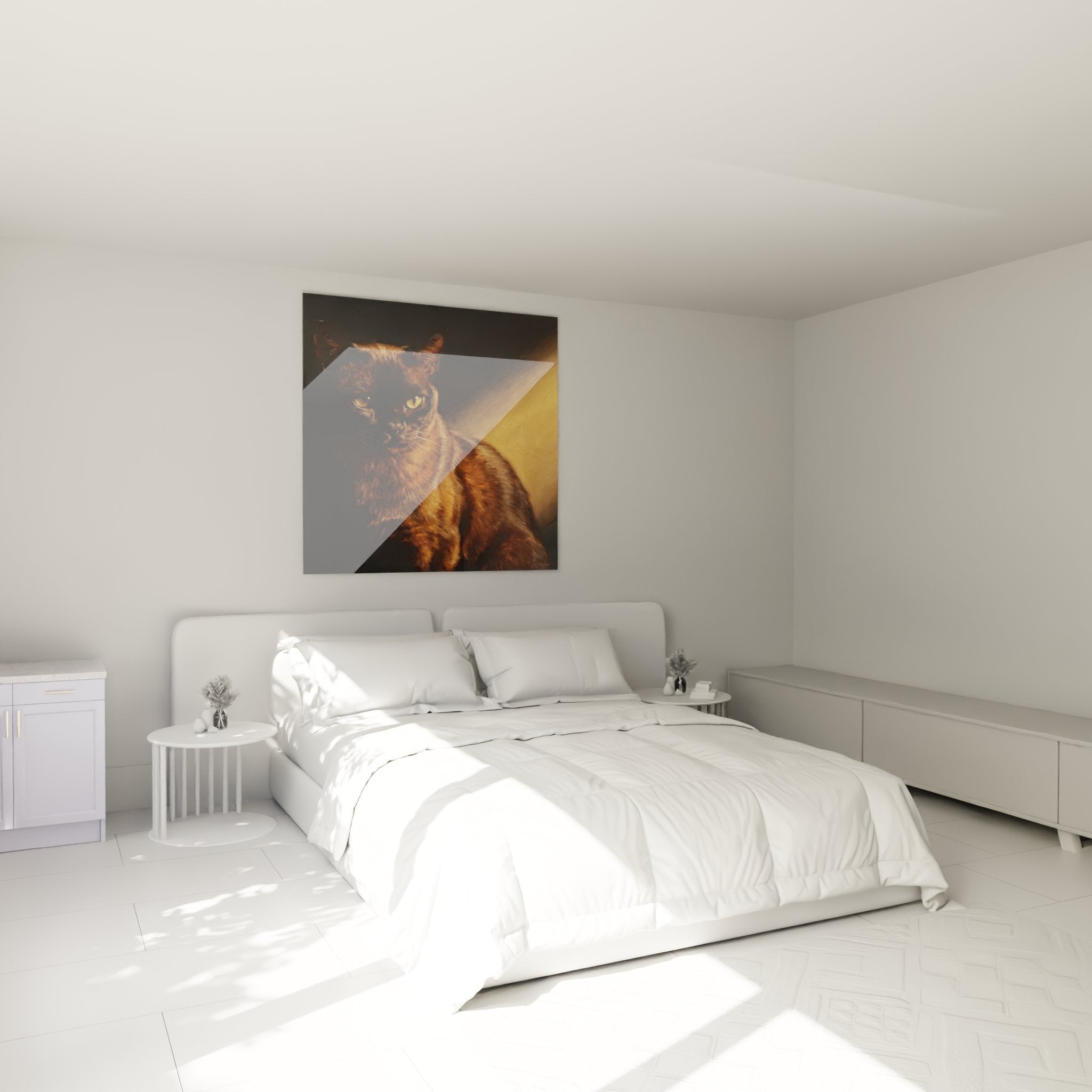 Tableau chat Burmese décorant une chambre moderne, ambiance chaleureuse avec éclairage tamisé