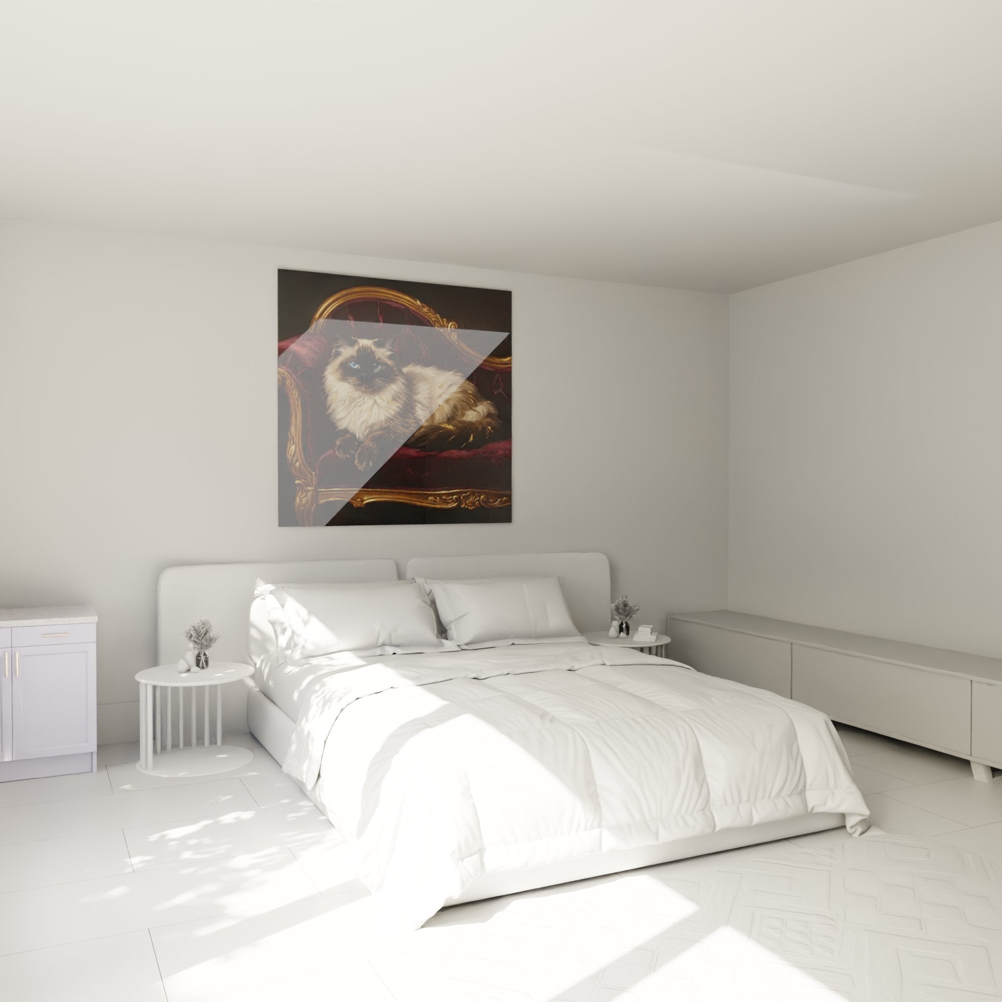 Himalaya-Katze Gemälde dekoriert modernes Schlafzimmer, bordeauxroter Barockstuhl, luxuriöse und raffinierte Atmosphäre