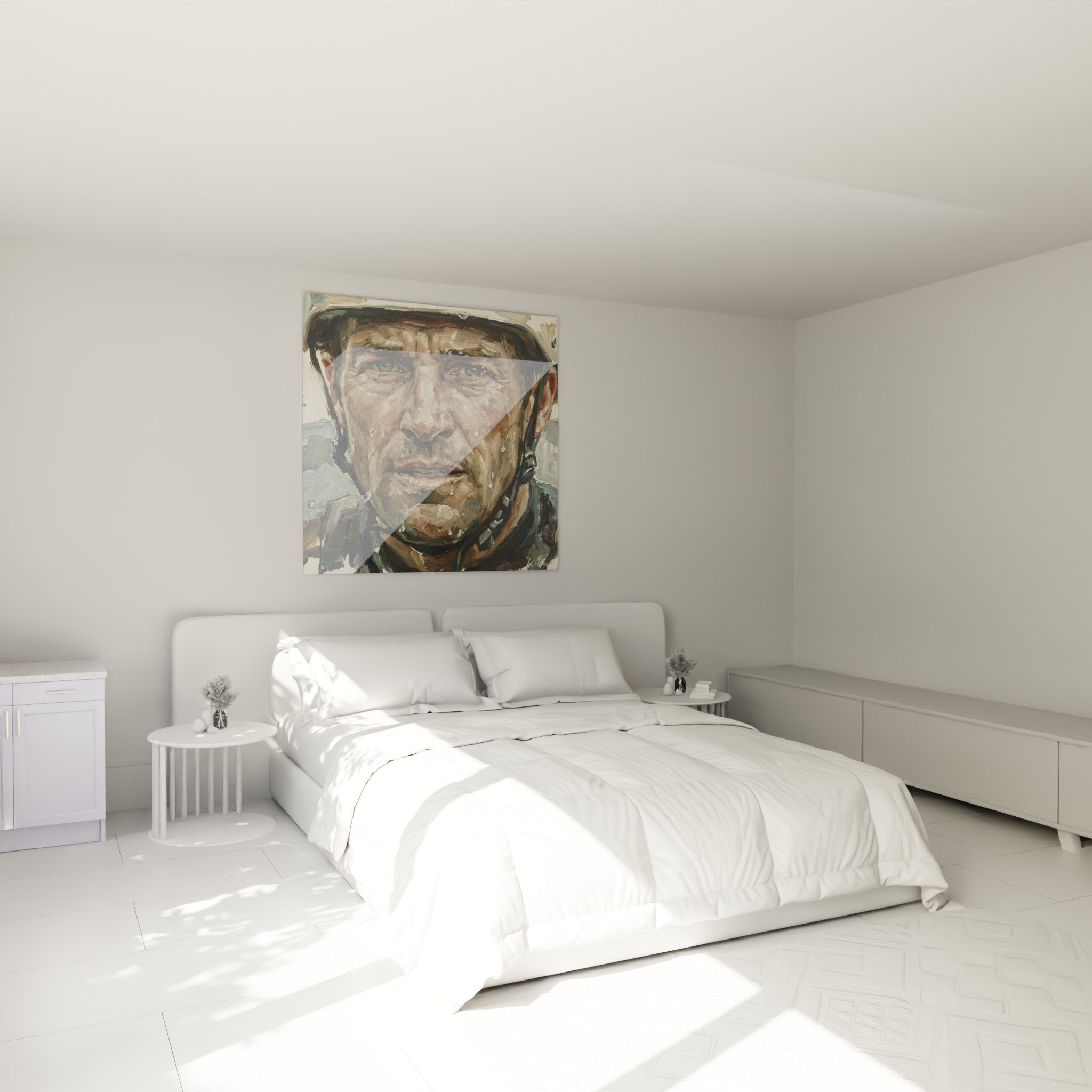 Porträtbild eines Abenteurers beim Rafting, das ein Schlafzimmer dekoriert, sportliche und inspirierende Atmosphäre