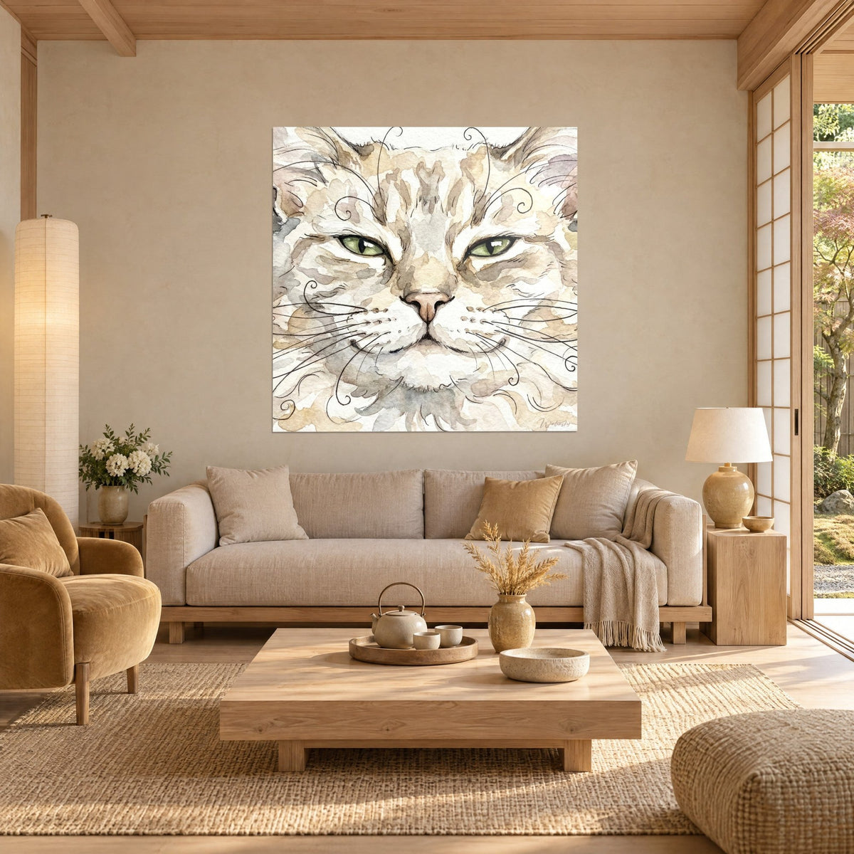 Schilderij Laperm-kat met groene ogen, aquarelvacht in beige en grijs, krullende snorharen, boven een bank in een lichte woonkamer
